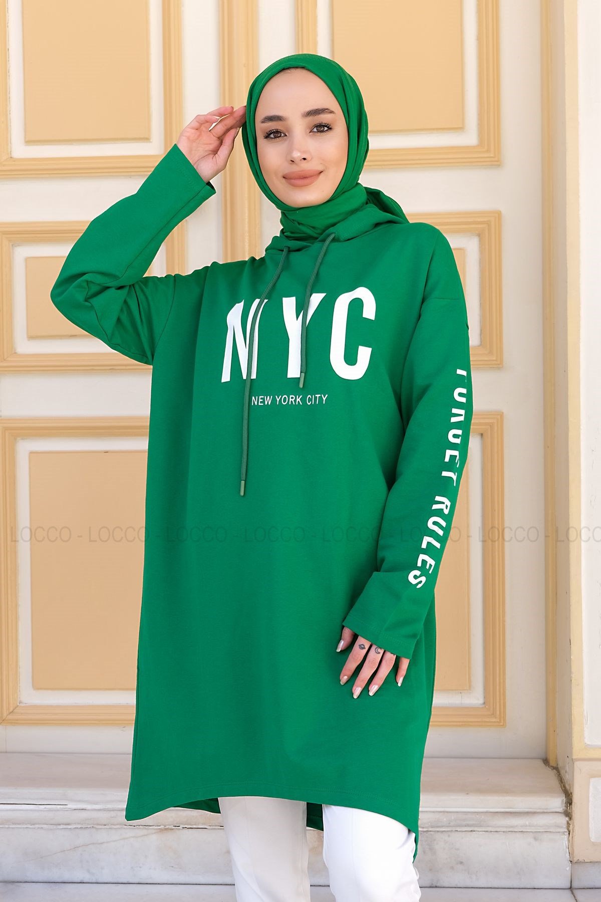 Uygun Fiyatlı NYC BASKILI KAPSONLU SWEAT YESIL | Loccomoda.com 