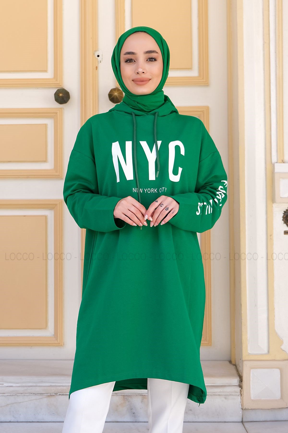 Uygun Fiyatlı NYC BASKILI KAPSONLU SWEAT YESIL | Loccomoda.com 