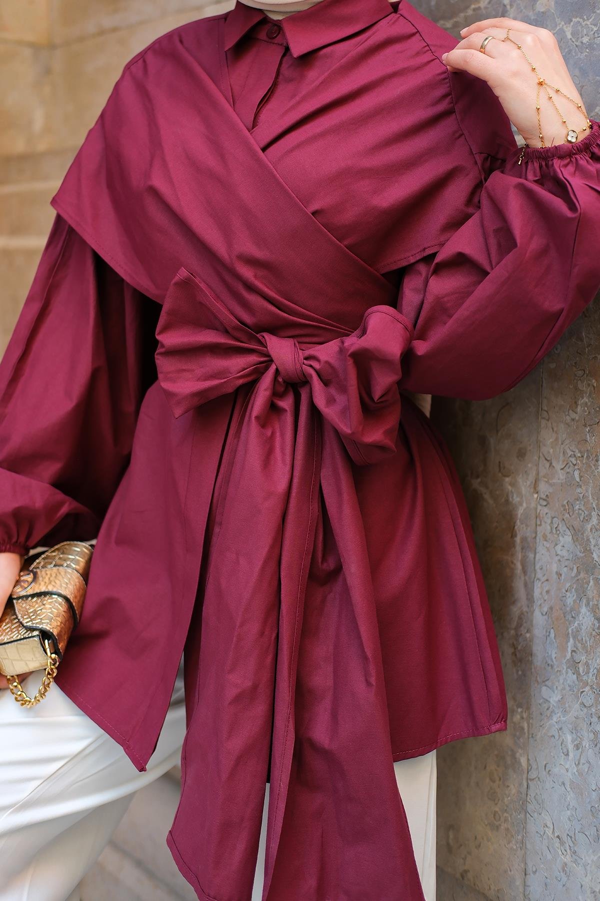 Omuz Bağlamalı Poplin Gömlek Bordo