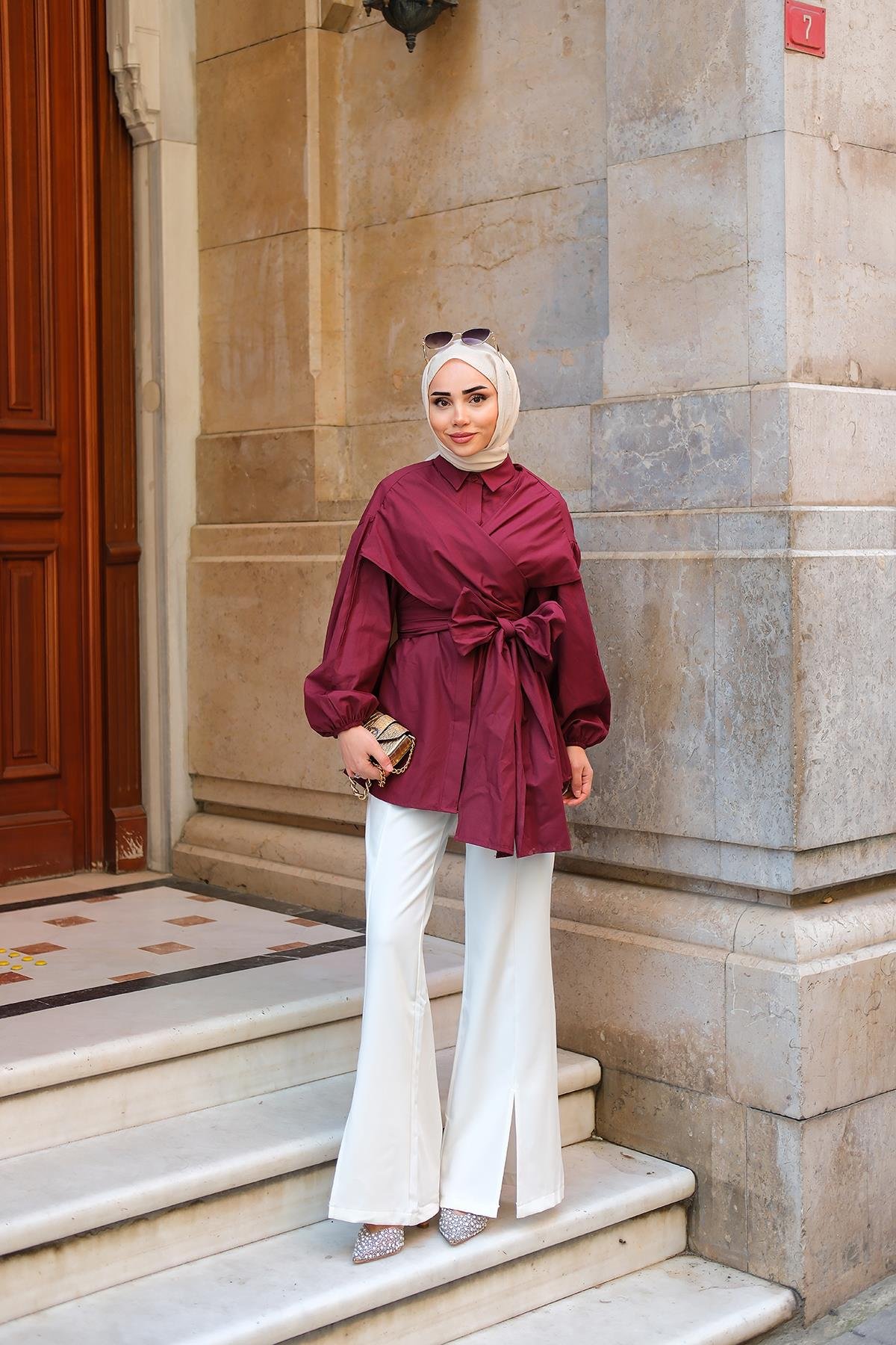 Omuz Bağlamalı Poplin Gömlek Bordo