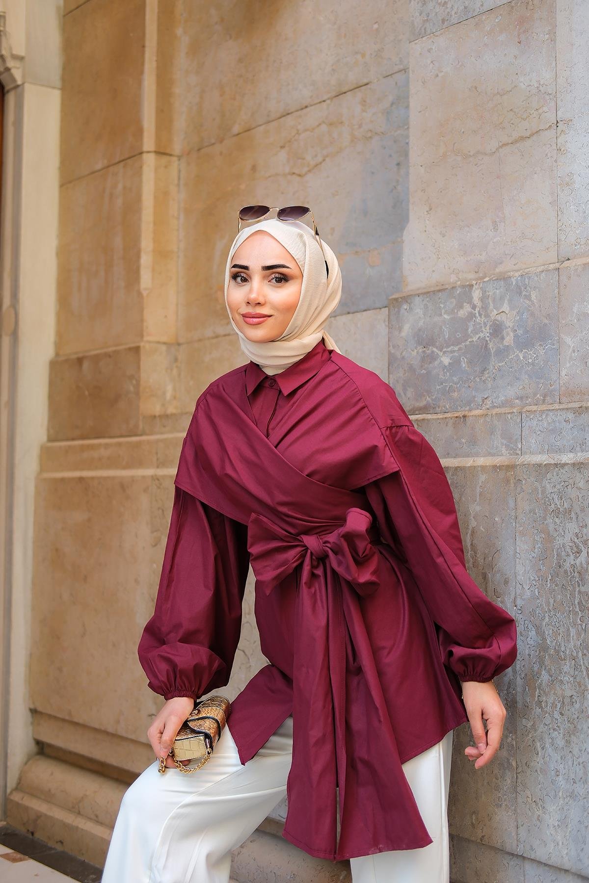 Omuz Bağlamalı Poplin Gömlek Bordo