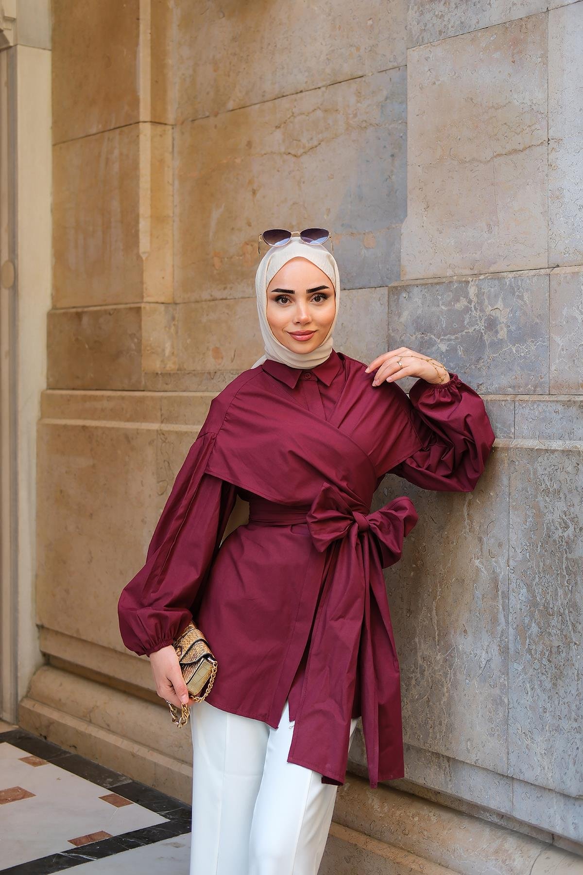 Omuz Bağlamalı Poplin Gömlek Bordo