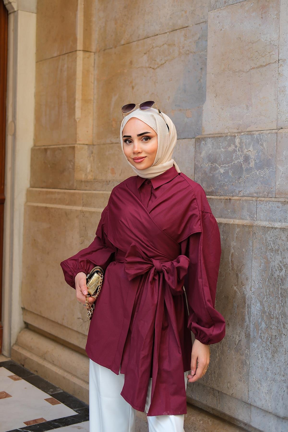 Omuz Bağlamalı Poplin Gömlek Bordo