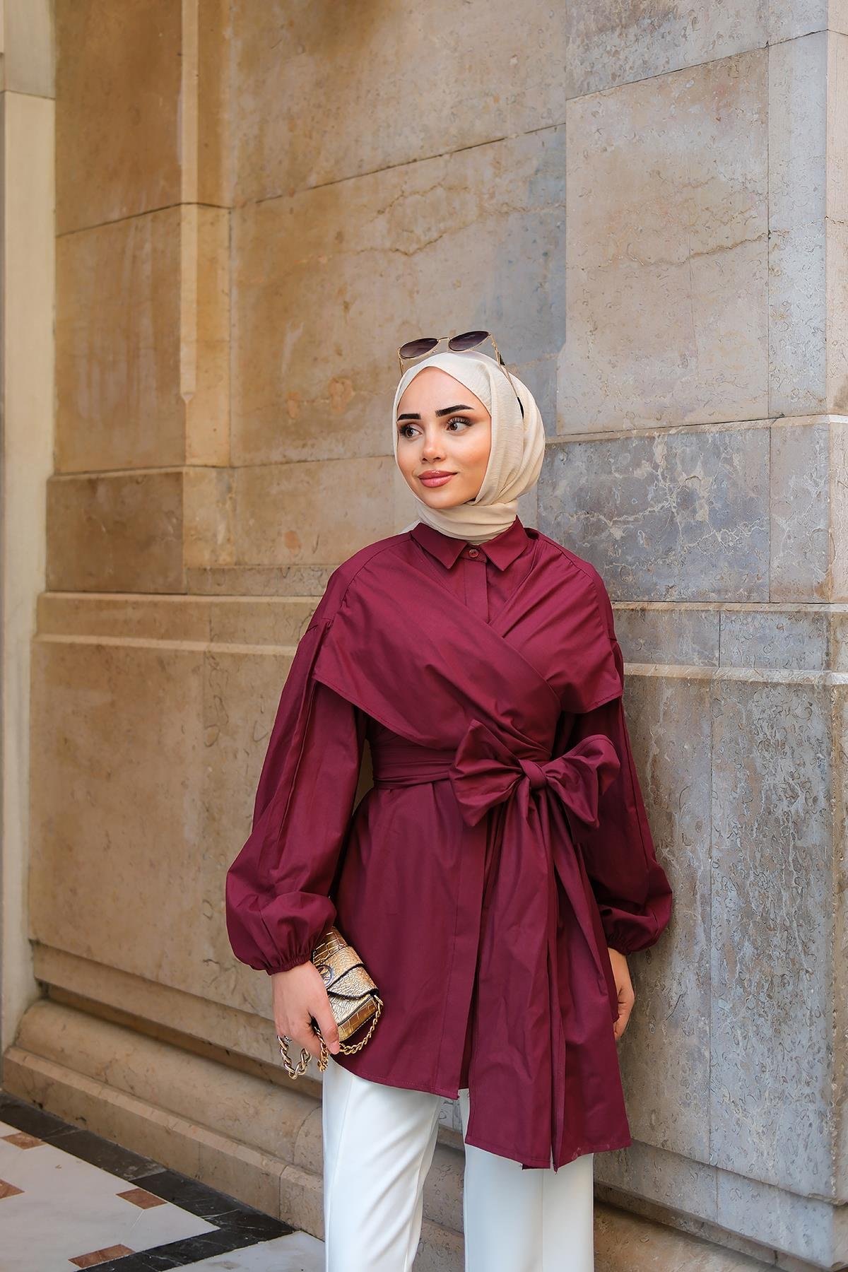 Omuz Bağlamalı Poplin Gömlek Bordo