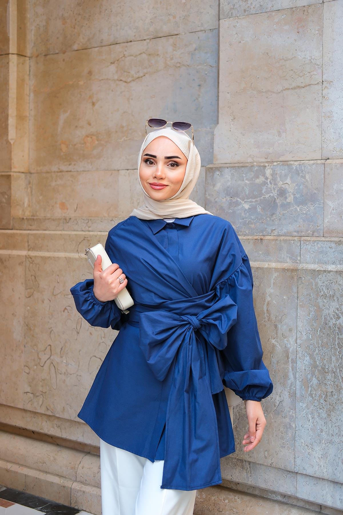 Omuz Bağlamalı Poplin Gömlek Lacivert