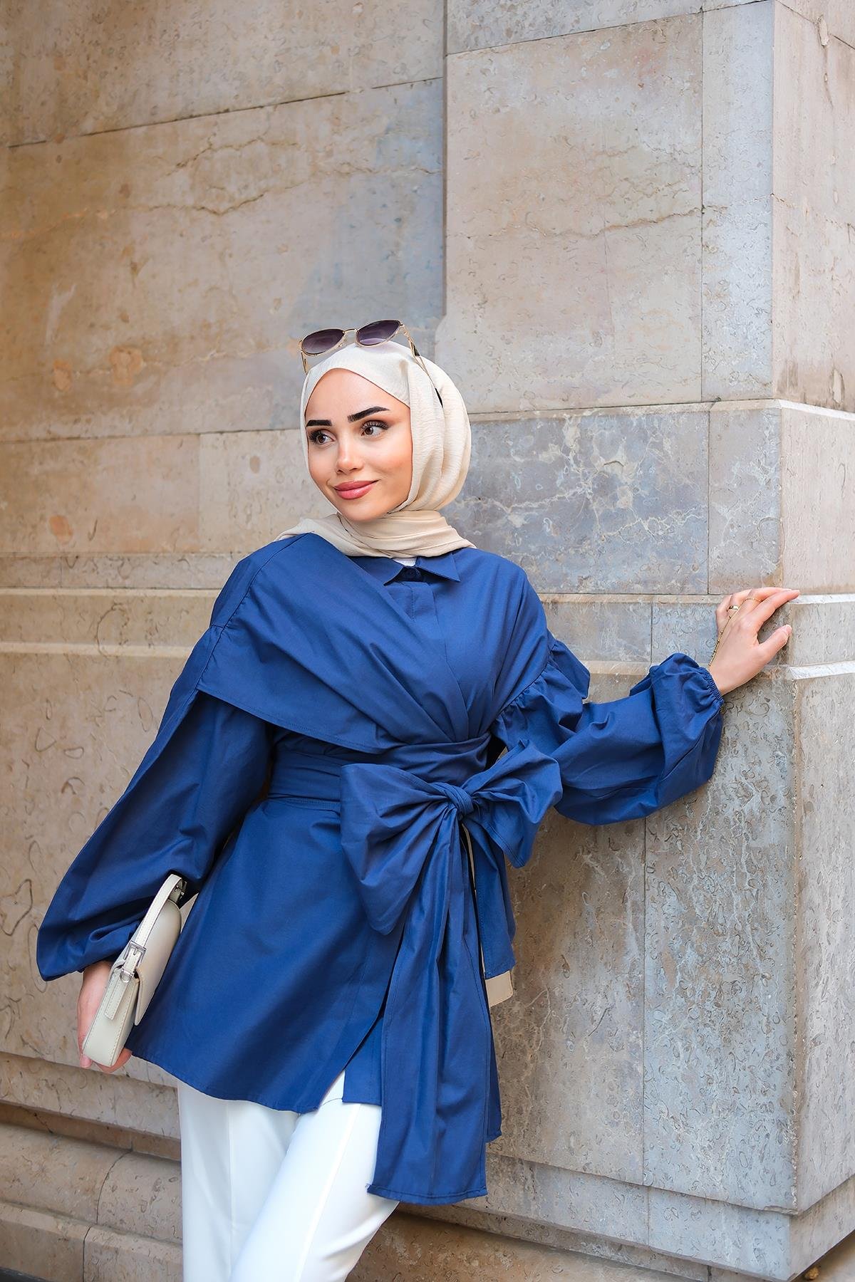 Omuz Bağlamalı Poplin Gömlek Lacivert