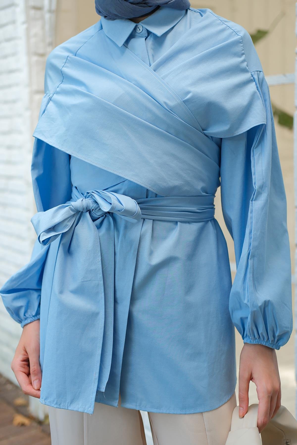 Omuz Bağlamalı Poplin Gömlek Mavi