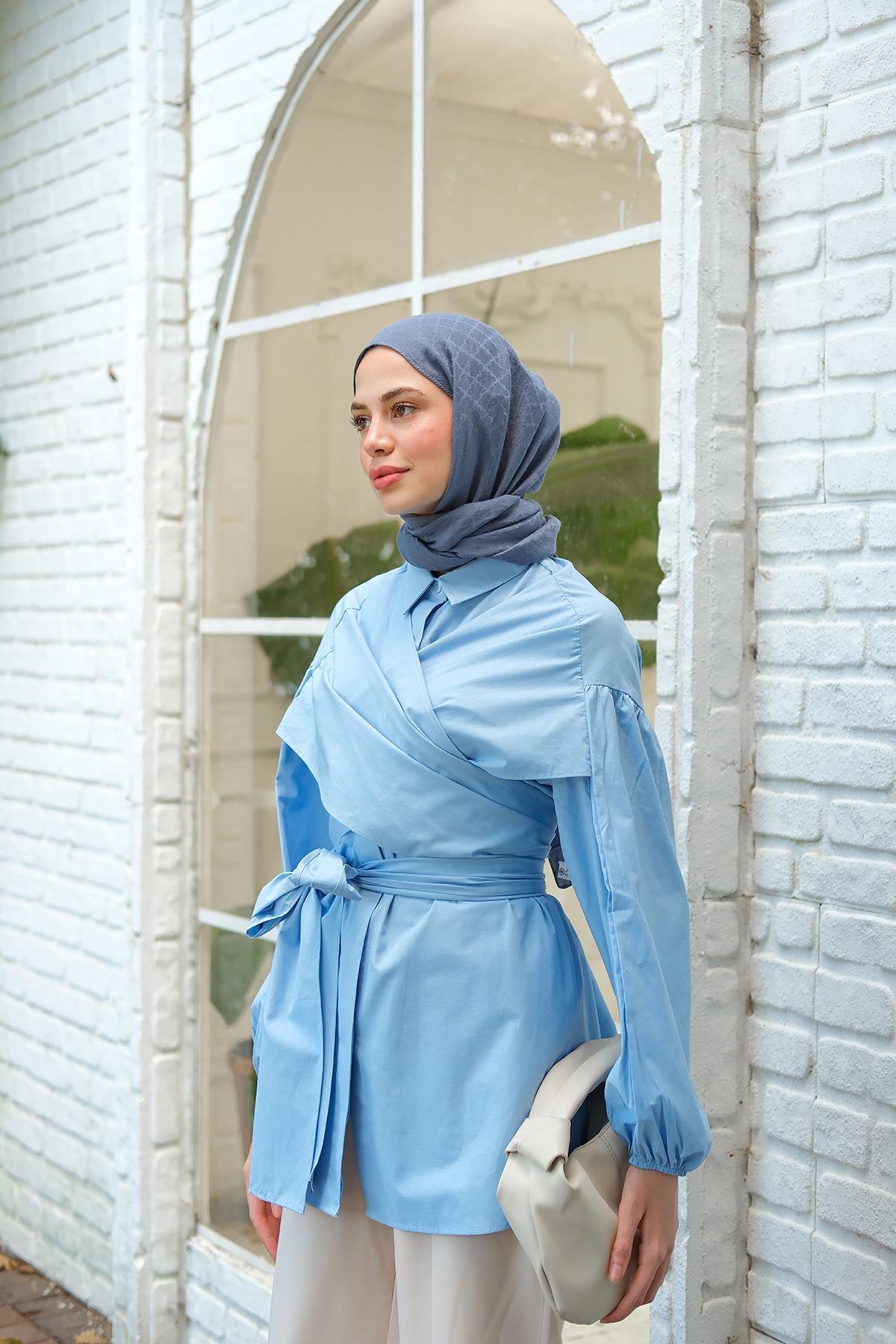 Omuz Bağlamalı Poplin Gömlek Mavi