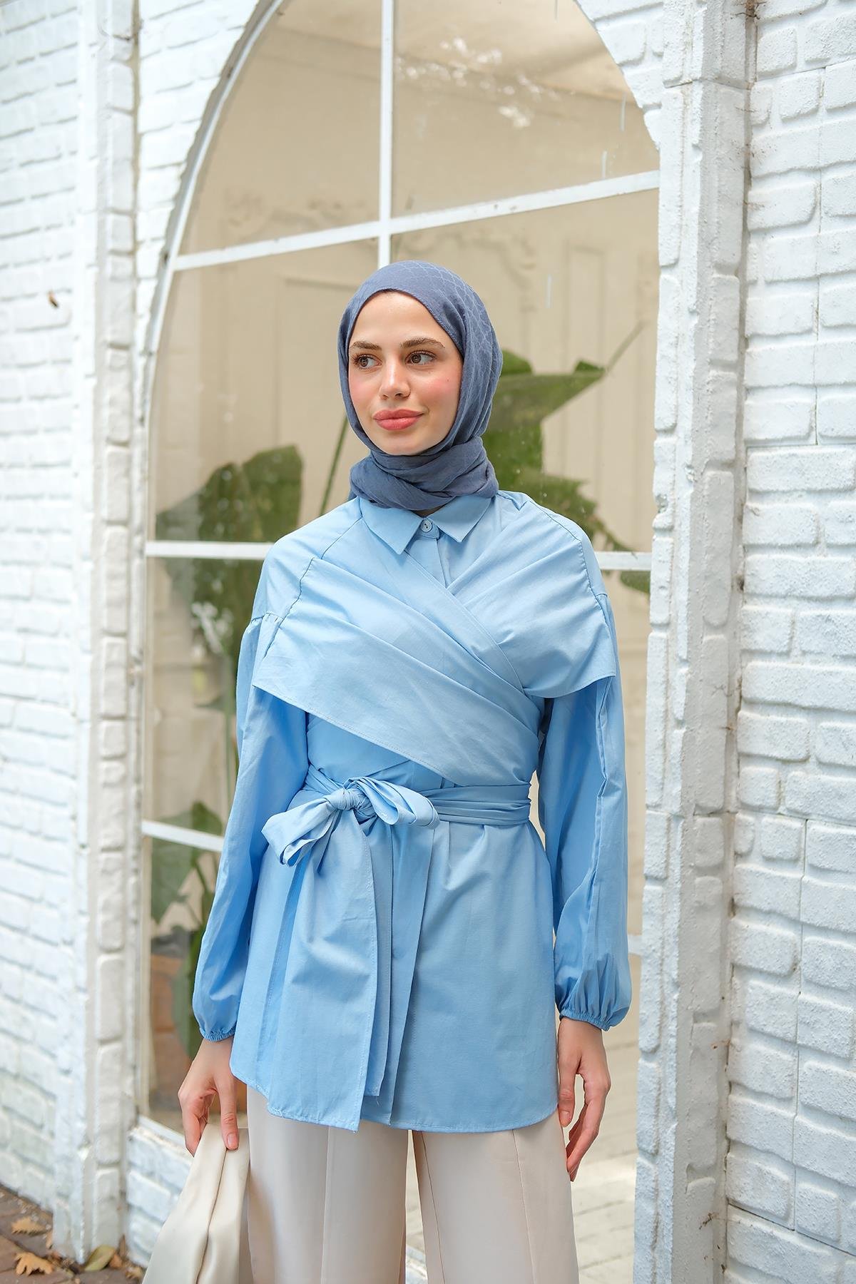 Omuz Bağlamalı Poplin Gömlek Mavi