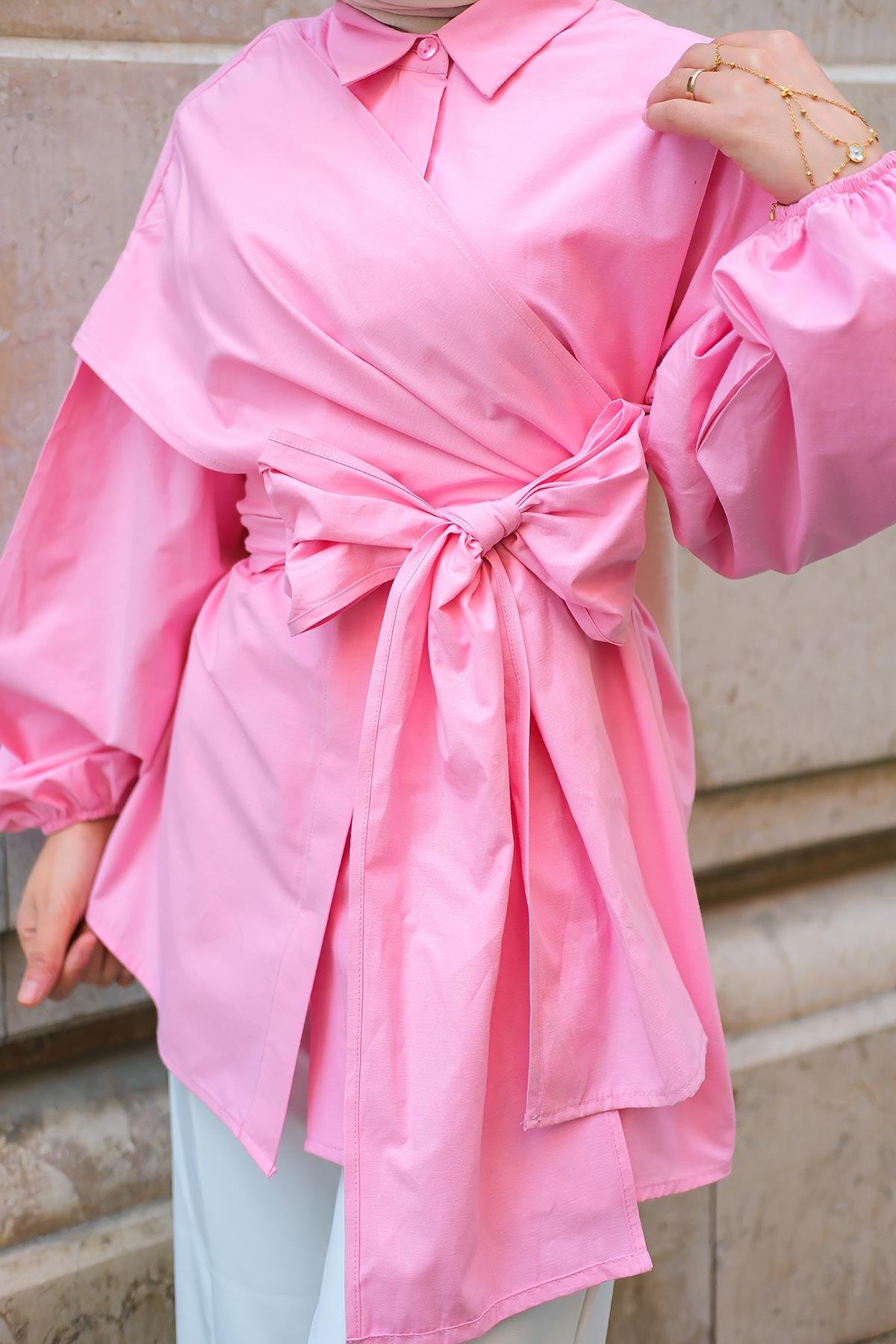 Omuz Bağlamalı Poplin Gömlek Pembe
