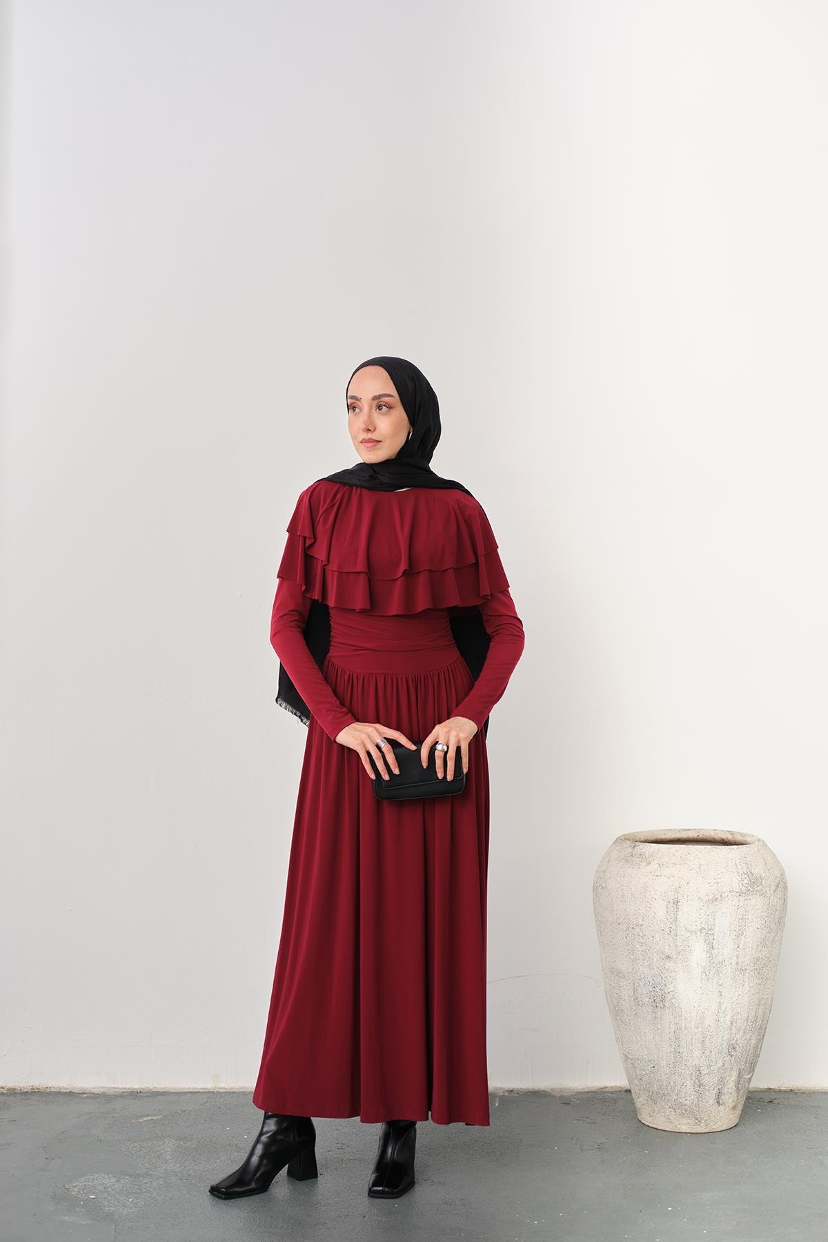 Omuz Fırfır Detay Elbise Bordo