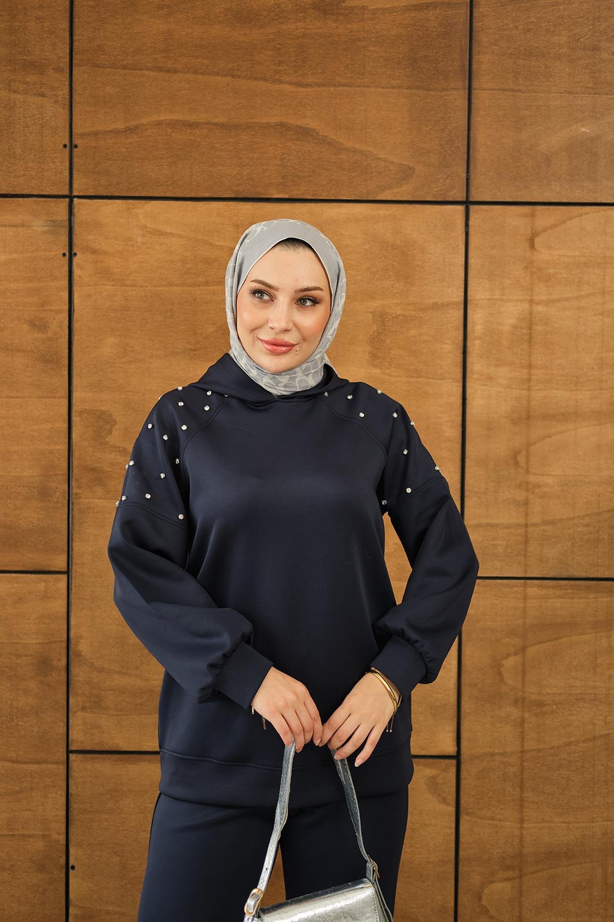 Omuz Taş Detay Kapüşonlu Takım Lacivert
