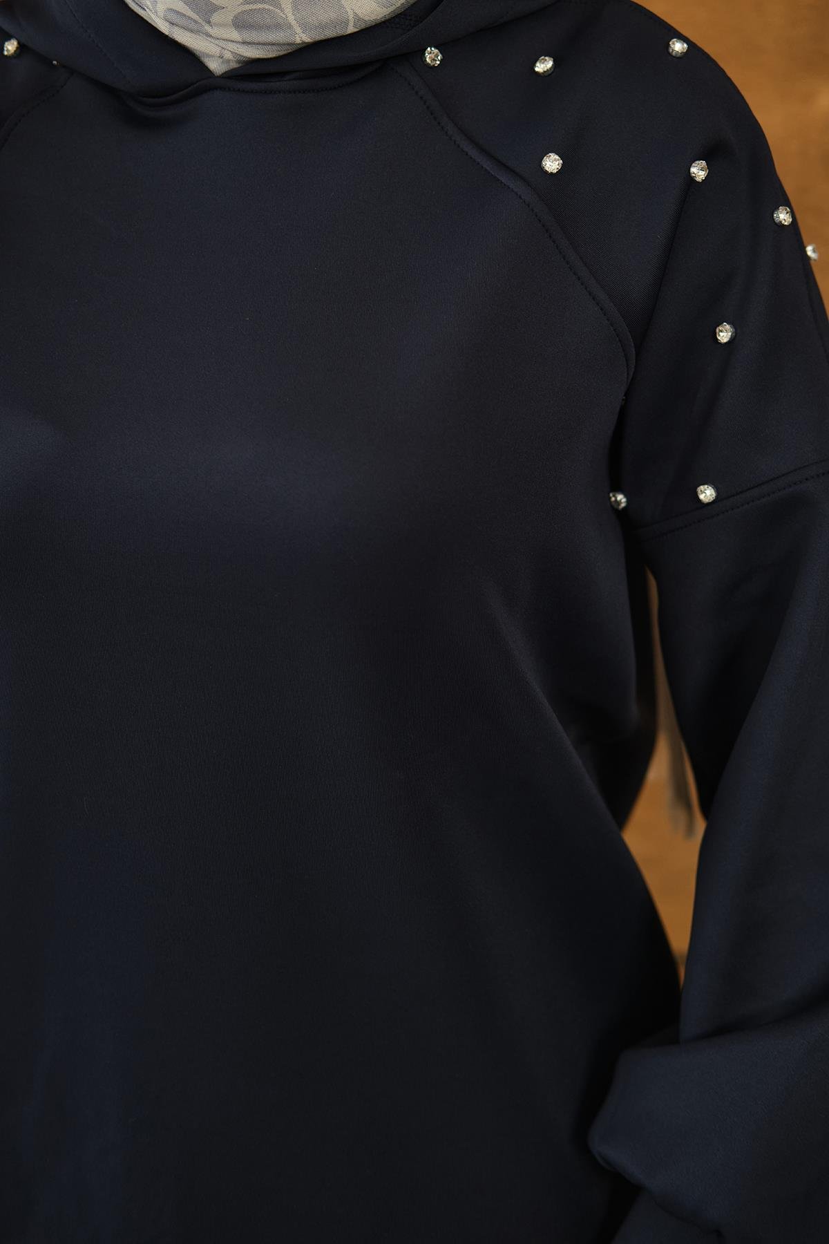 Omuz Taş Detay Kapüşonlu Takım Lacivert