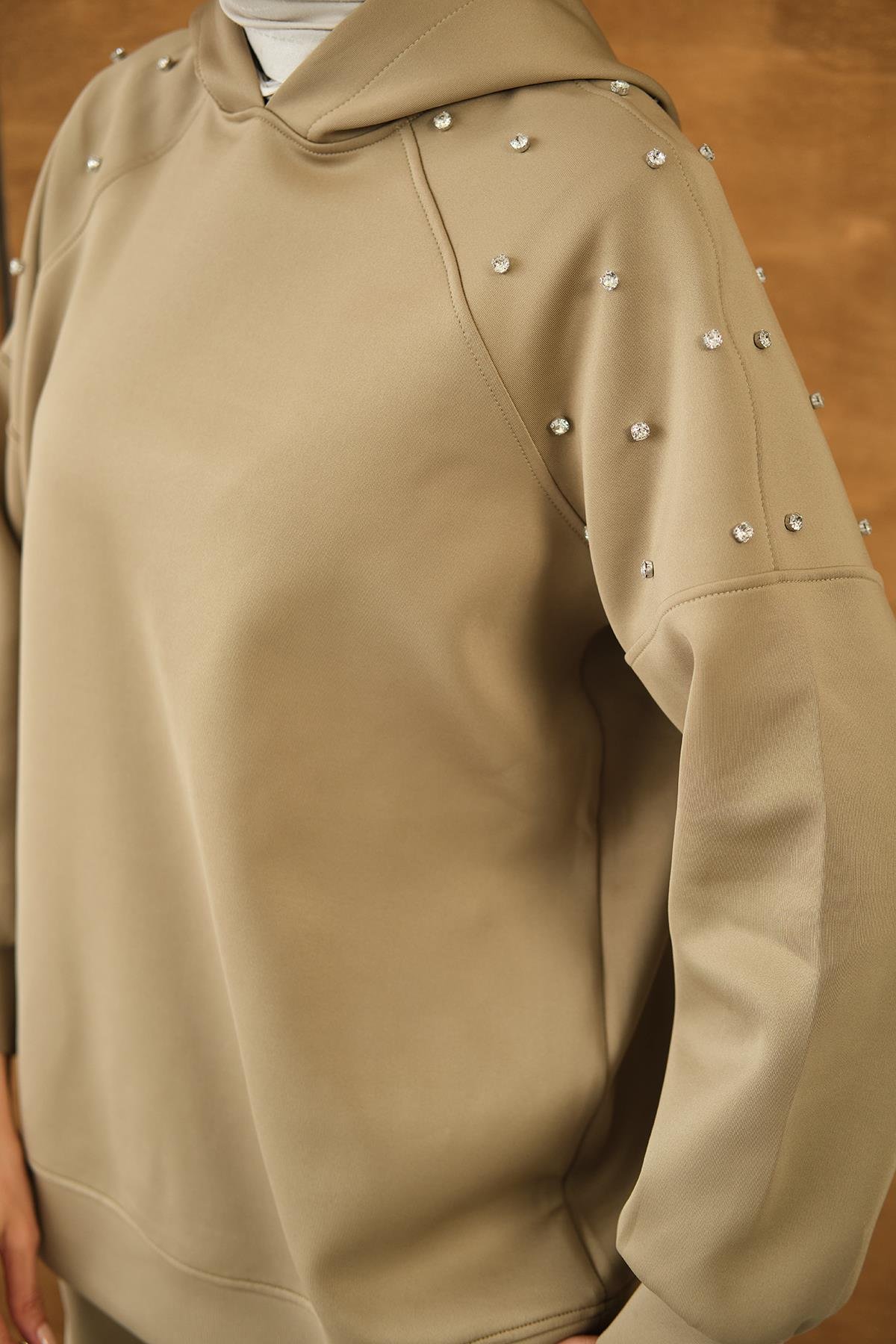 Omuz Taş Detay Kapüşonlu Takım Yeşil