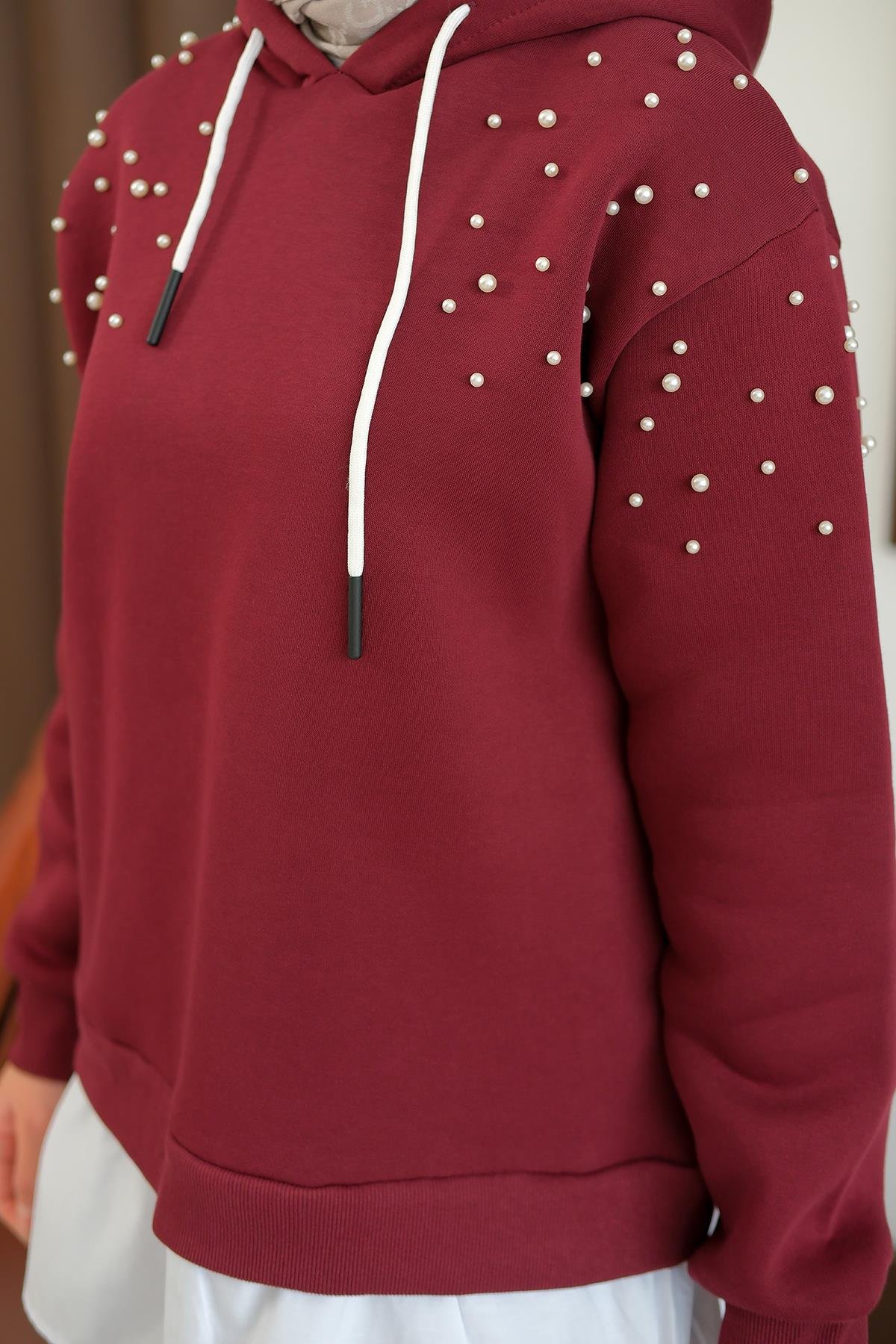 Omuzları Boncuk Detay İkili Takım Bordo