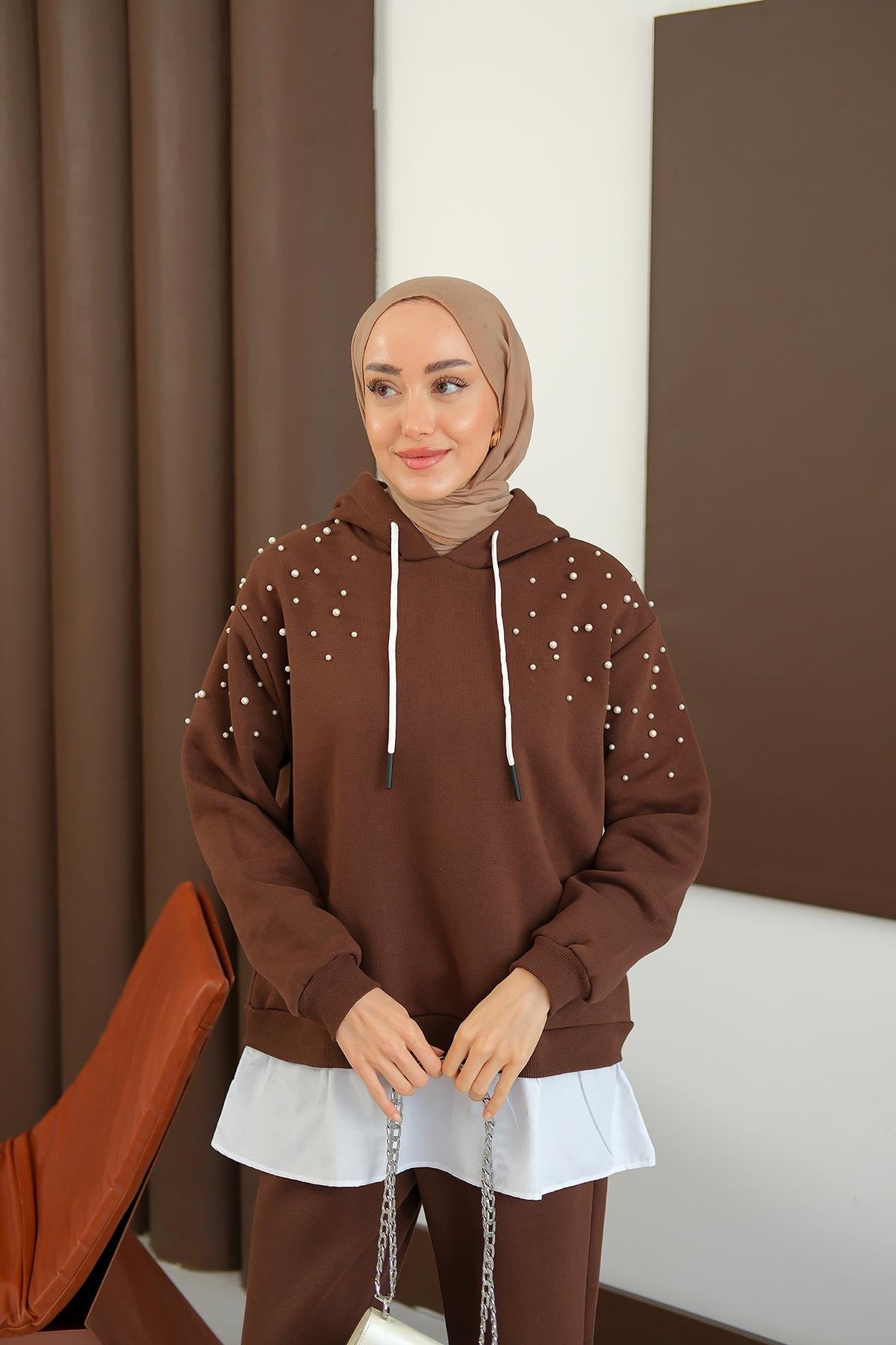 Omuzları Boncuk Detay İkili Takım Kahverengi