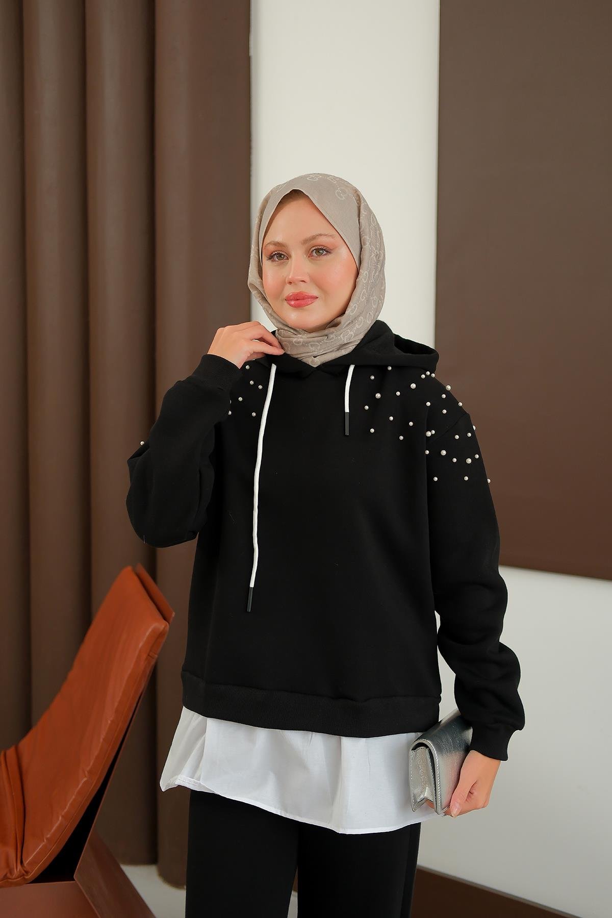 Omuzları Boncuk Detay İkili Takım Siyah