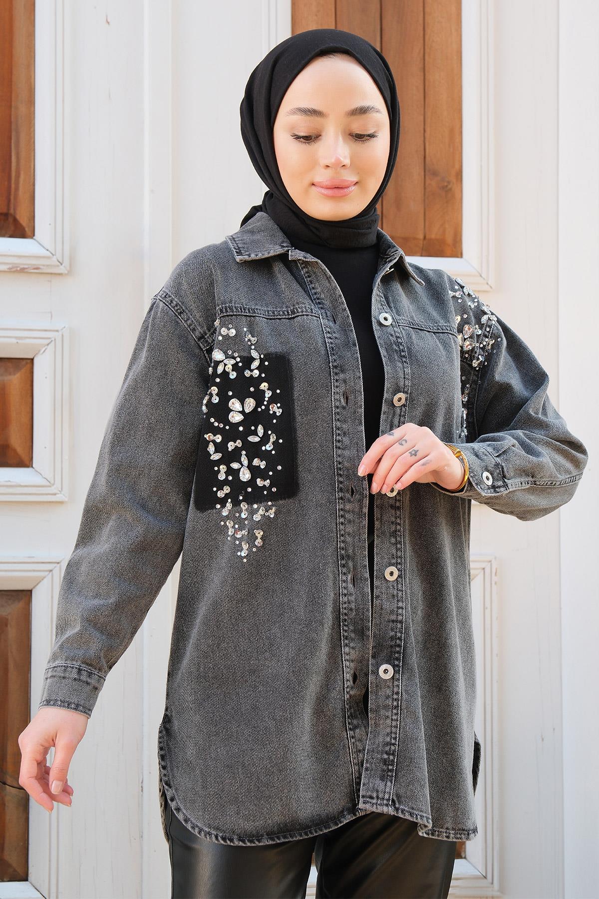Omuzları Taş İşlemeli Kot Ceket Füme