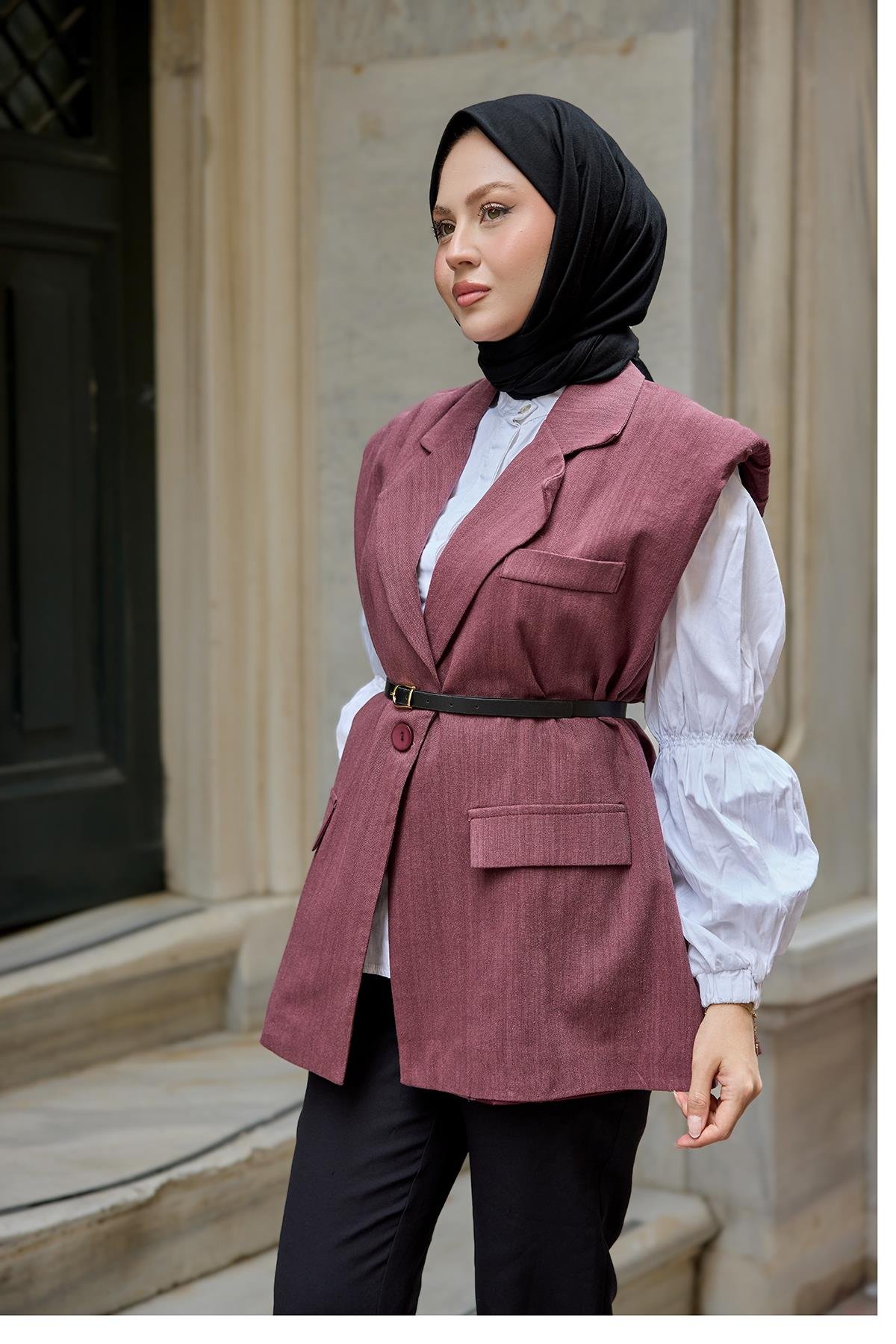 Omuzları Vatka Detaylı Keten Yelek Mürdüm