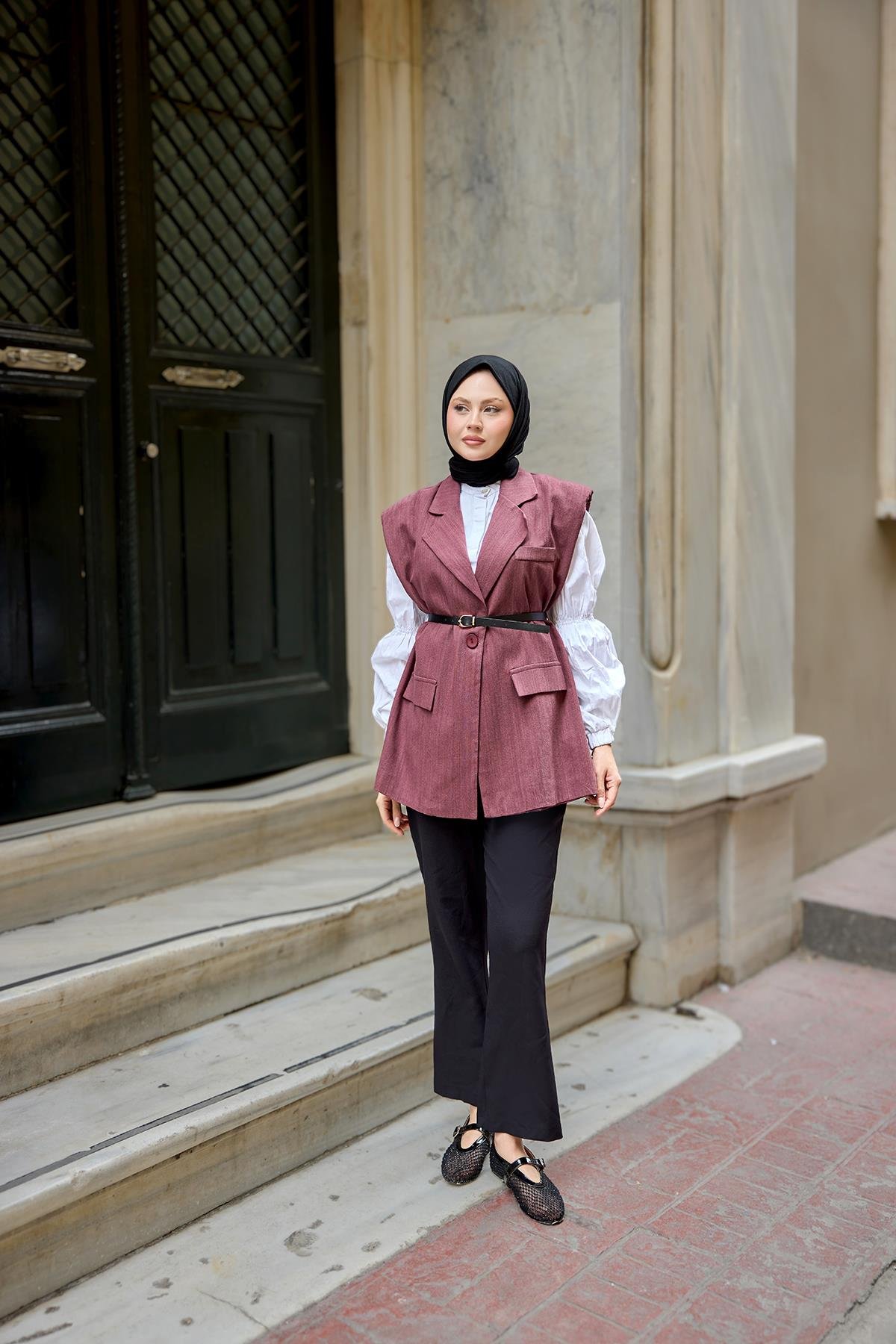 Omuzları Vatka Detaylı Keten Yelek Mürdüm