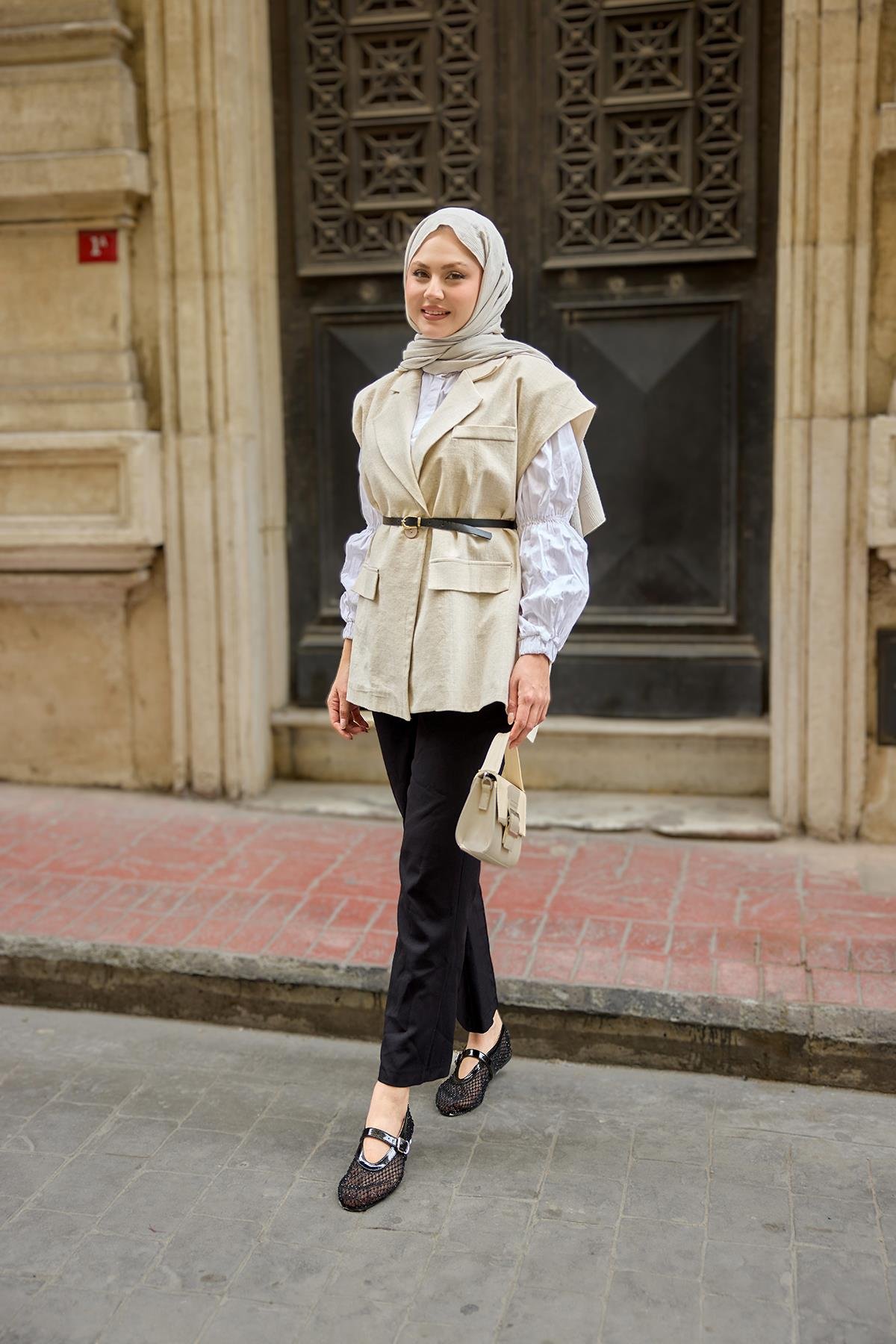 Omuzları Vatka Detaylı Keten Yelek Taş