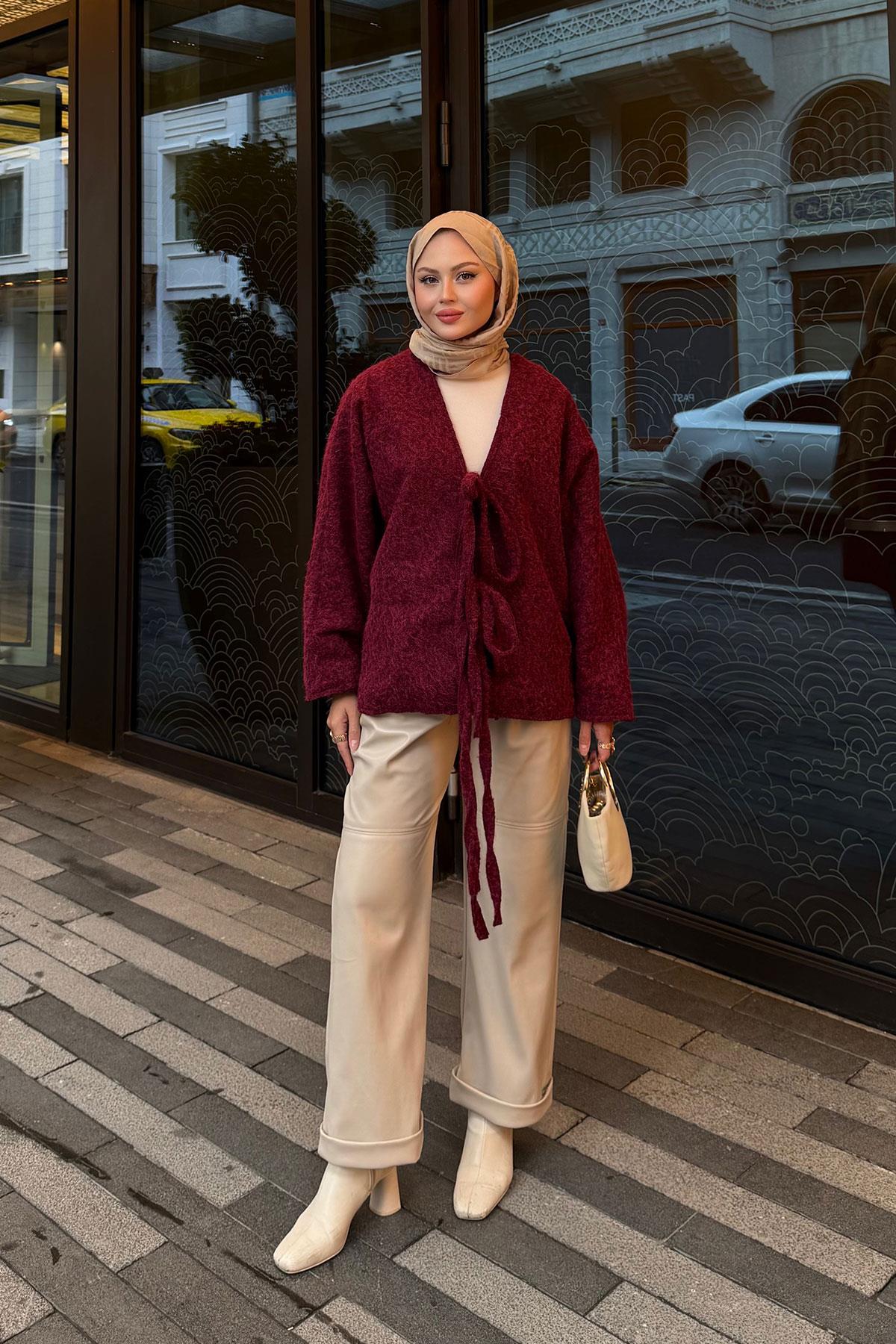 Ön Bağlamalı Buklet Kumaş Ceket Bordo
