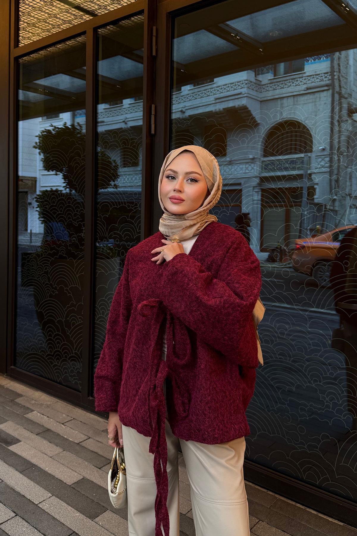 Ön Bağlamalı Buklet Kumaş Ceket Bordo