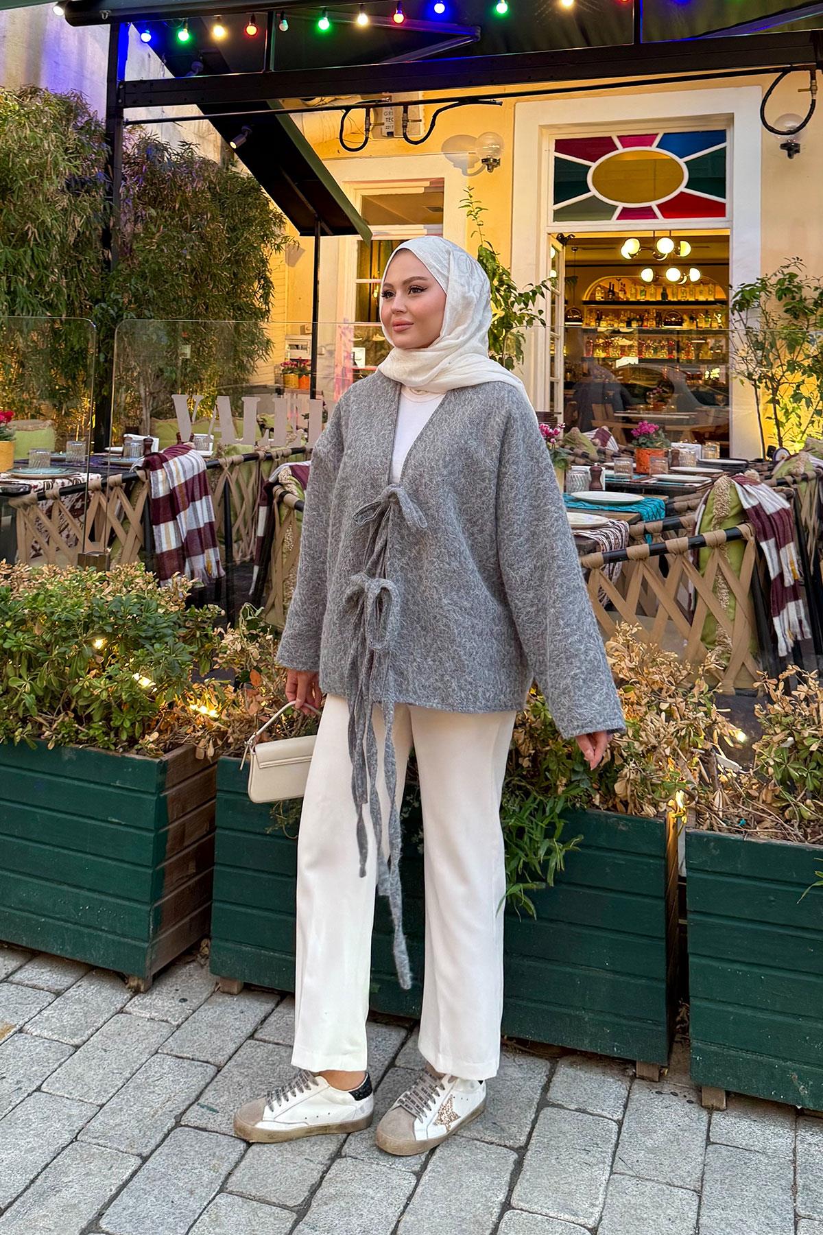 Ön Bağlamalı Buklet Kumaş Ceket Gri