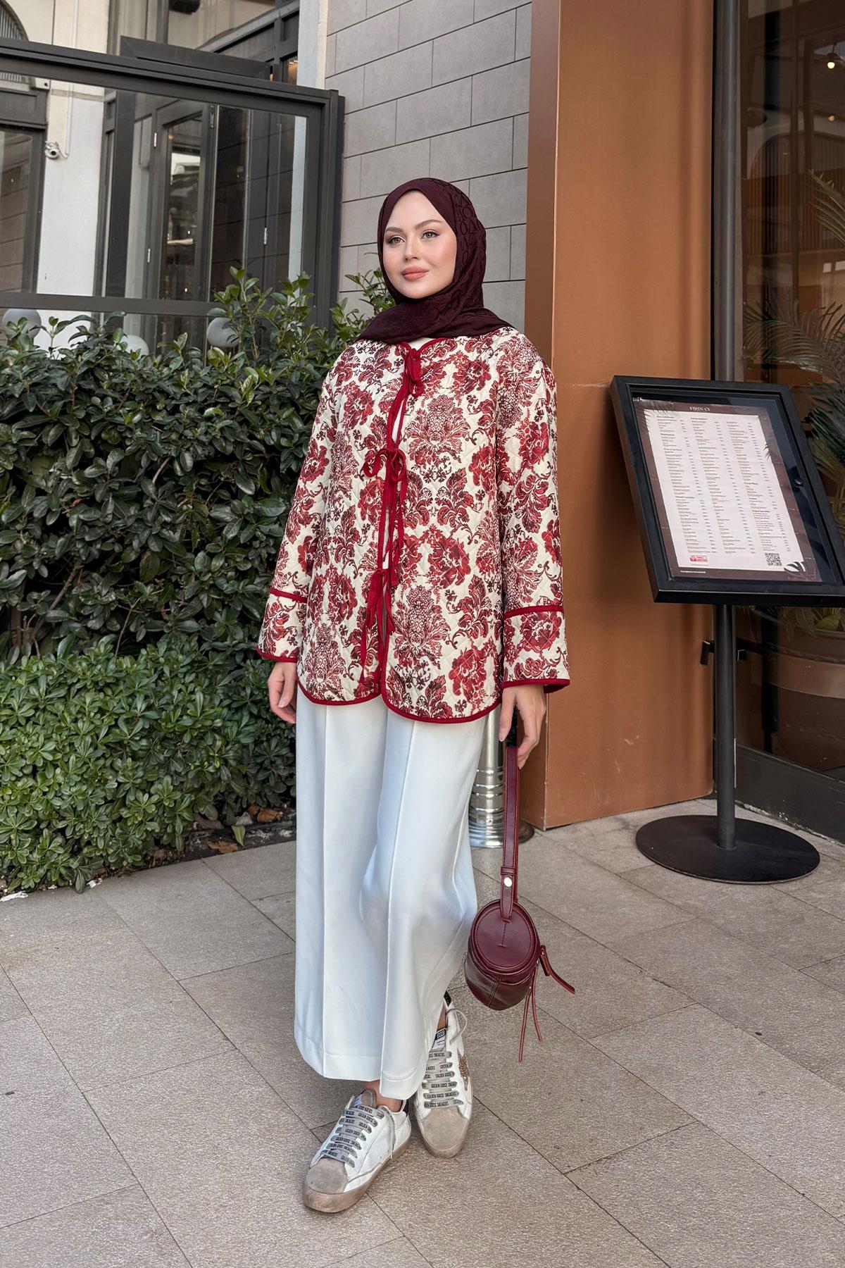 Ön Bağlamalı Etnik Desen Kimono Bordo