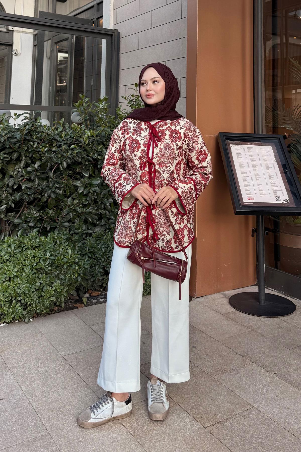 Ön Bağlamalı Etnik Desen Kimono Bordo