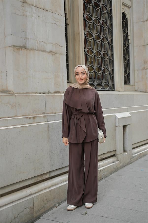 Ön Büzgülü İkili Takım Kahverengi