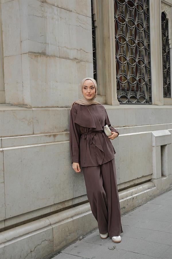 Ön Büzgülü İkili Takım Kahverengi