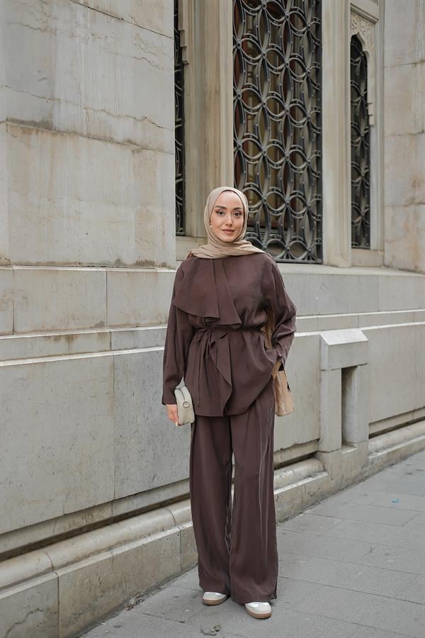 Ön Büzgülü İkili Takım Kahverengi