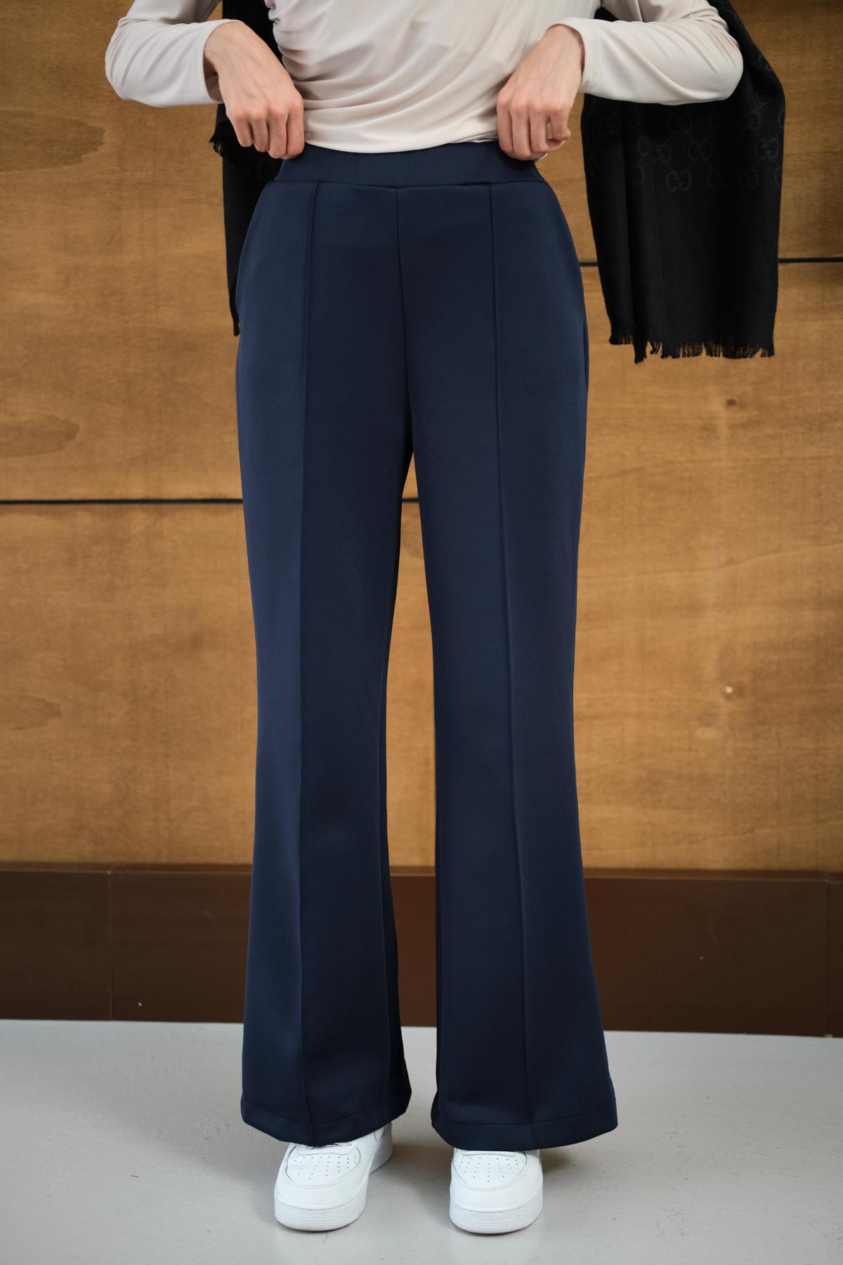 Ön Dikişli Bol Paça Pantolon Lacivert