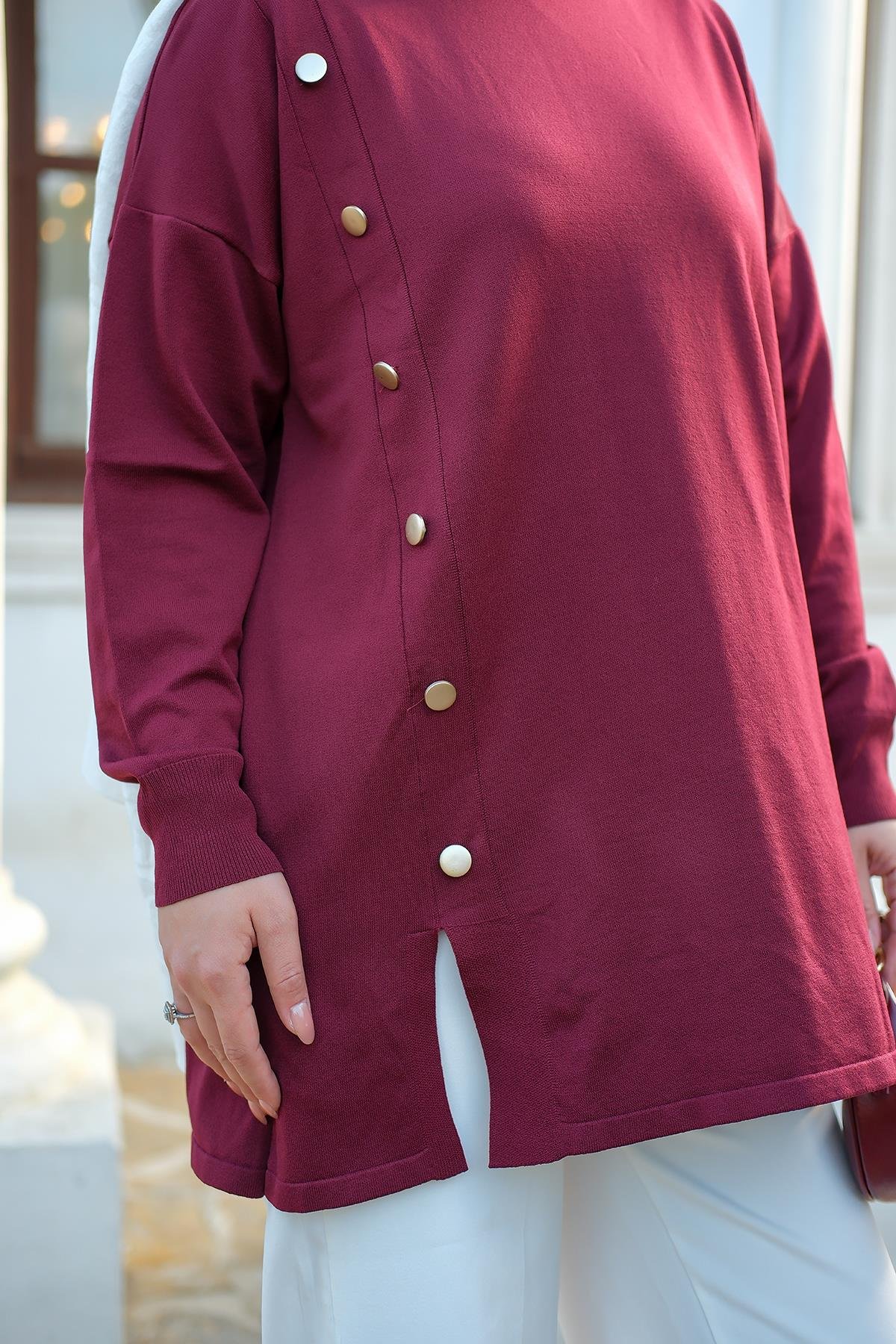 Ön Düğme Detay Tunik Bordo