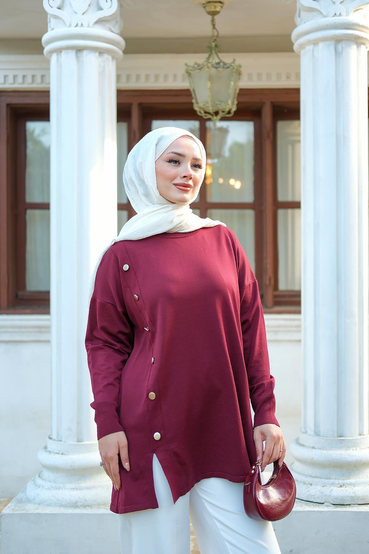 Ön Düğme Detay Tunik Bordo