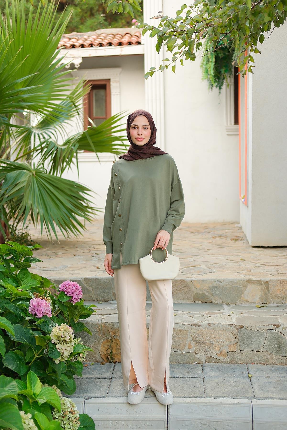 Ön Düğme Detay Tunik Çağla Yeşil