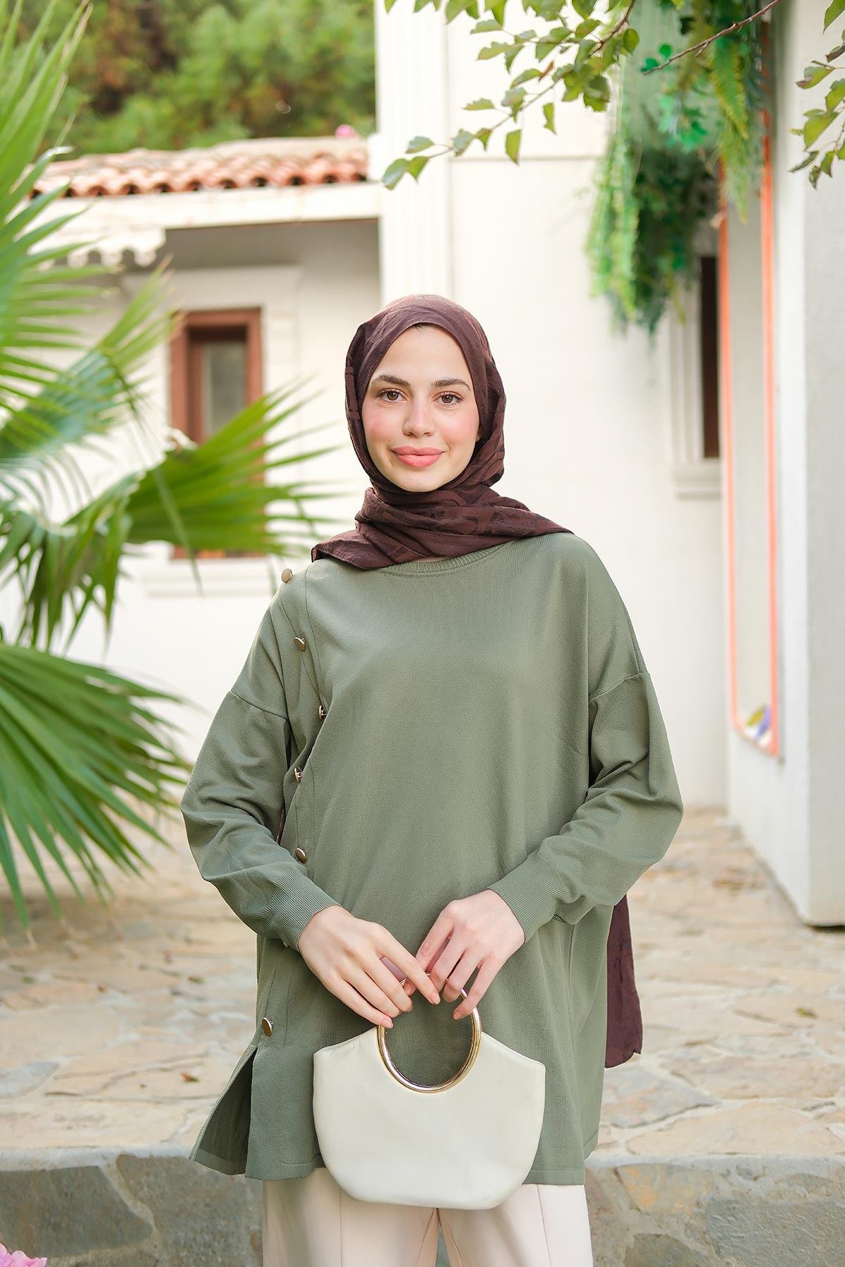 Ön Düğme Detay Tunik Çağla Yeşil