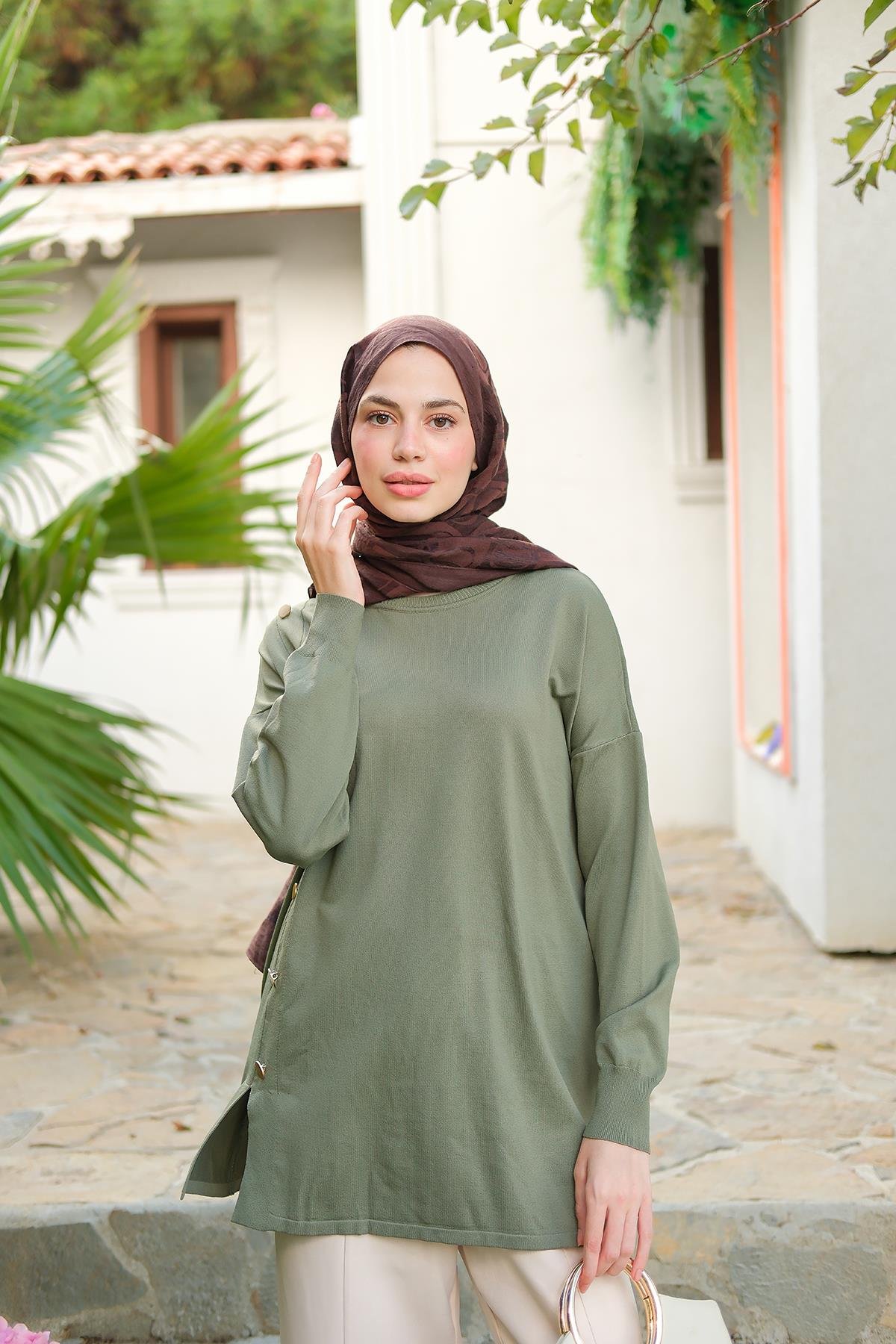 Ön Düğme Detay Tunik Çağla Yeşil