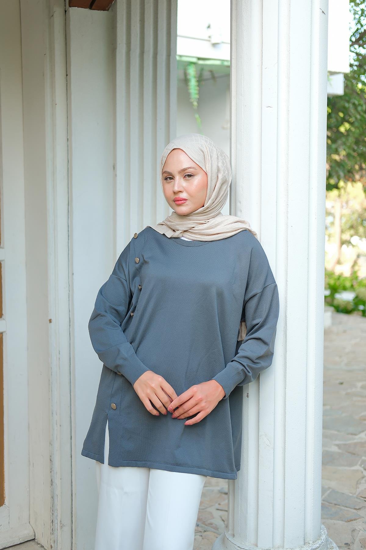 Ön Düğme Detay Tunik Füme