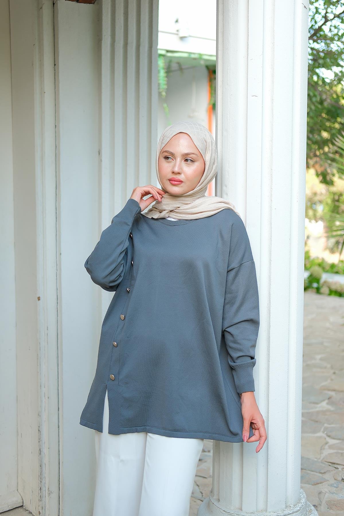 Ön Düğme Detay Tunik Füme