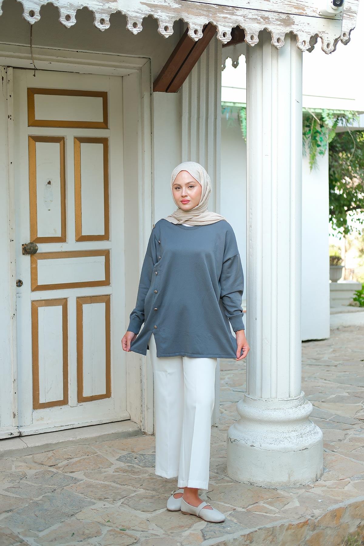 Ön Düğme Detay Tunik Füme