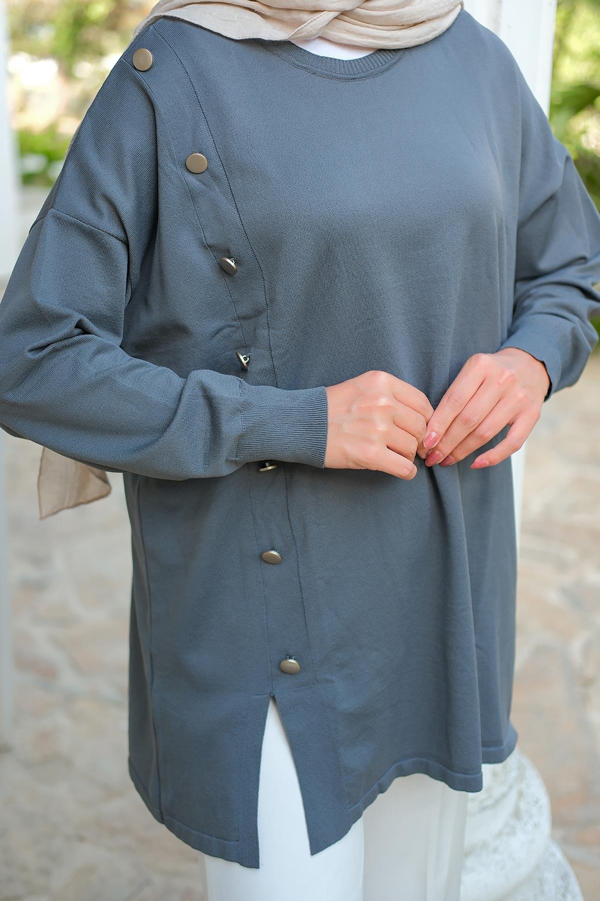 Ön Düğme Detay Tunik Füme