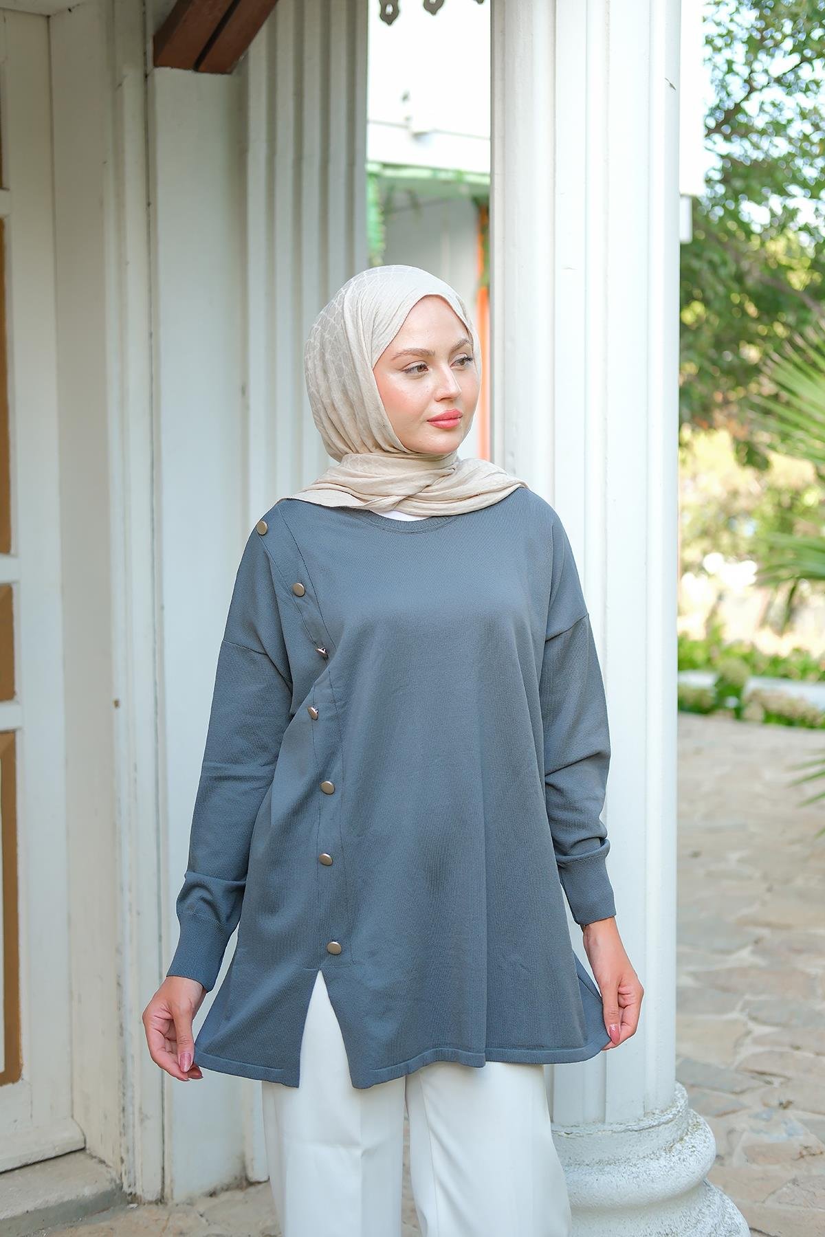 Ön Düğme Detay Tunik Füme