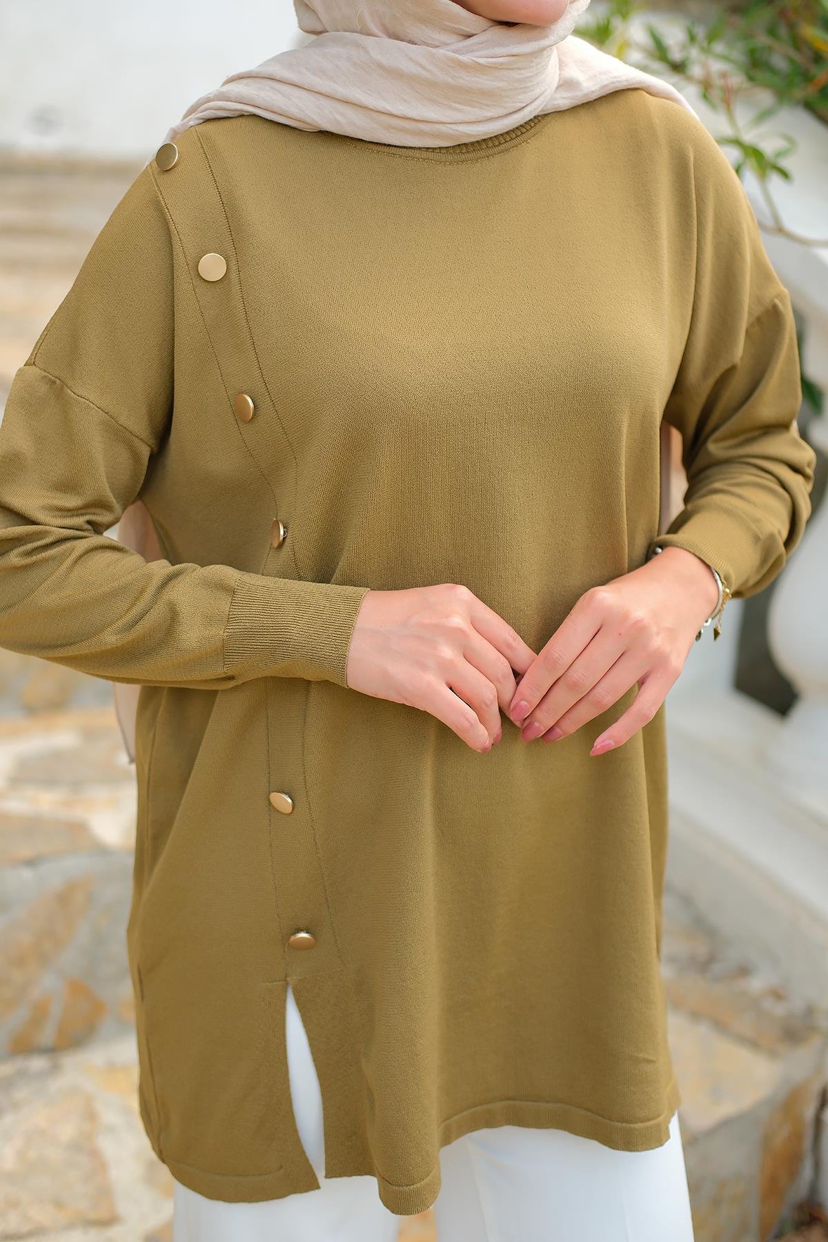Ön Düğme Detay Tunik Koyu Yeşil
