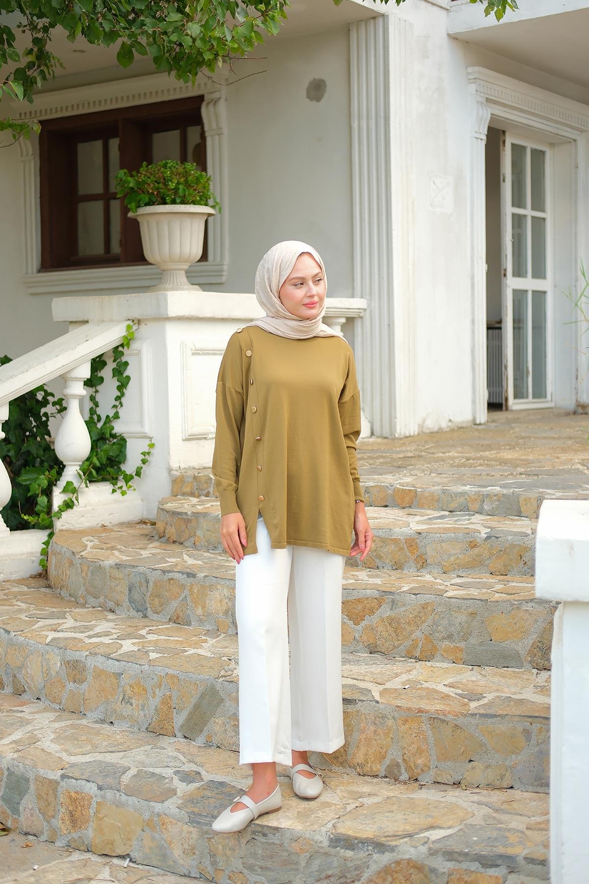 Ön Düğme Detay Tunik Koyu Yeşil