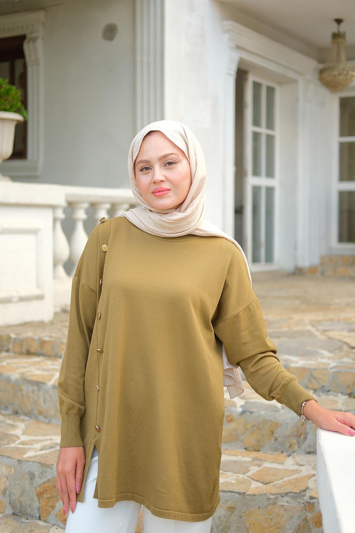 Ön Düğme Detay Tunik Koyu Yeşil