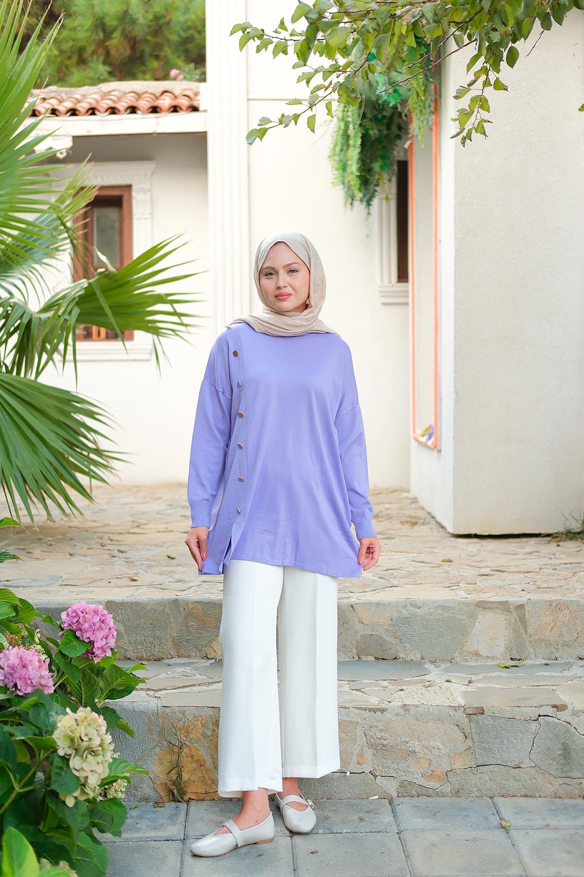 Ön Düğme Detay Tunik Lila