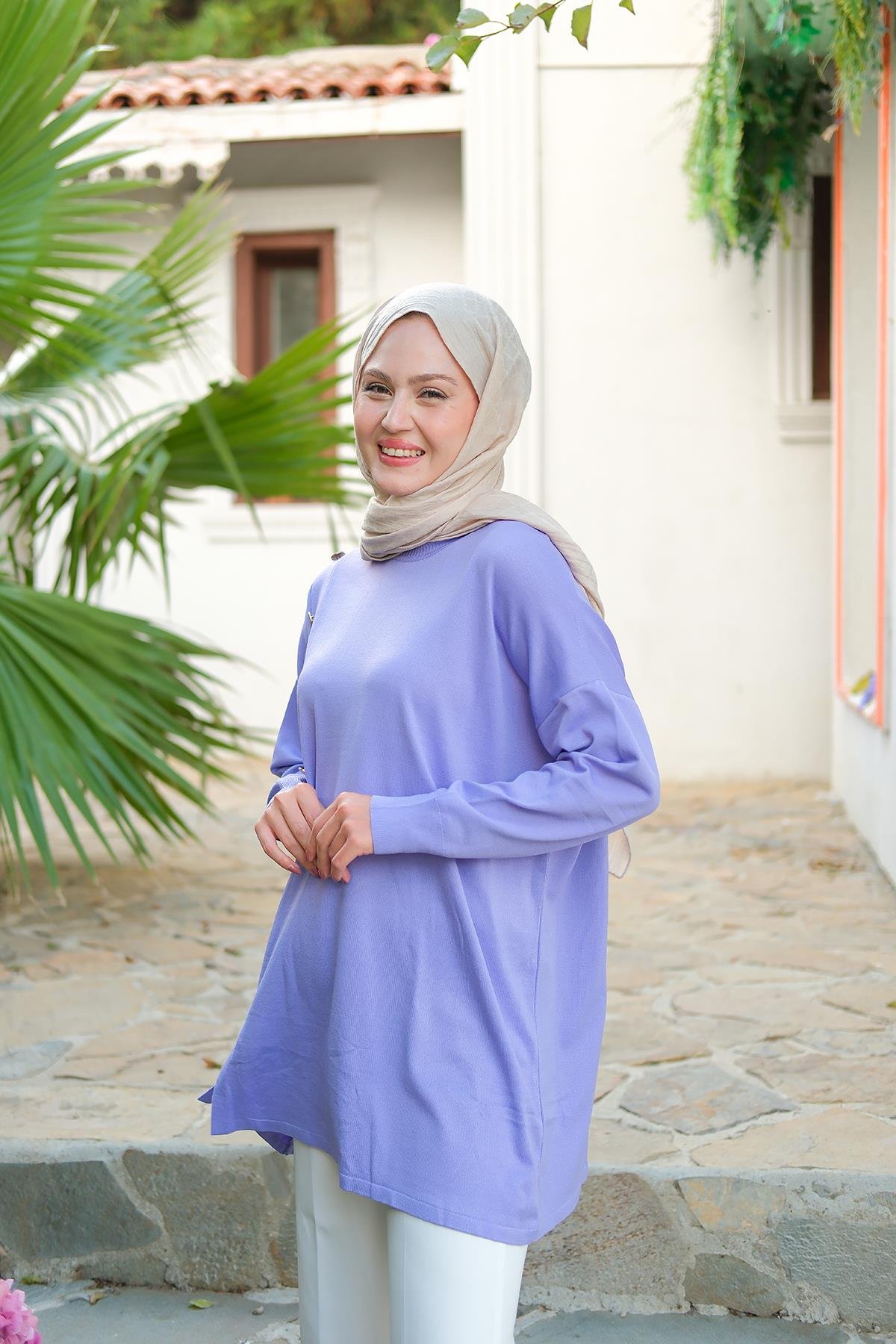 Ön Düğme Detay Tunik Lila