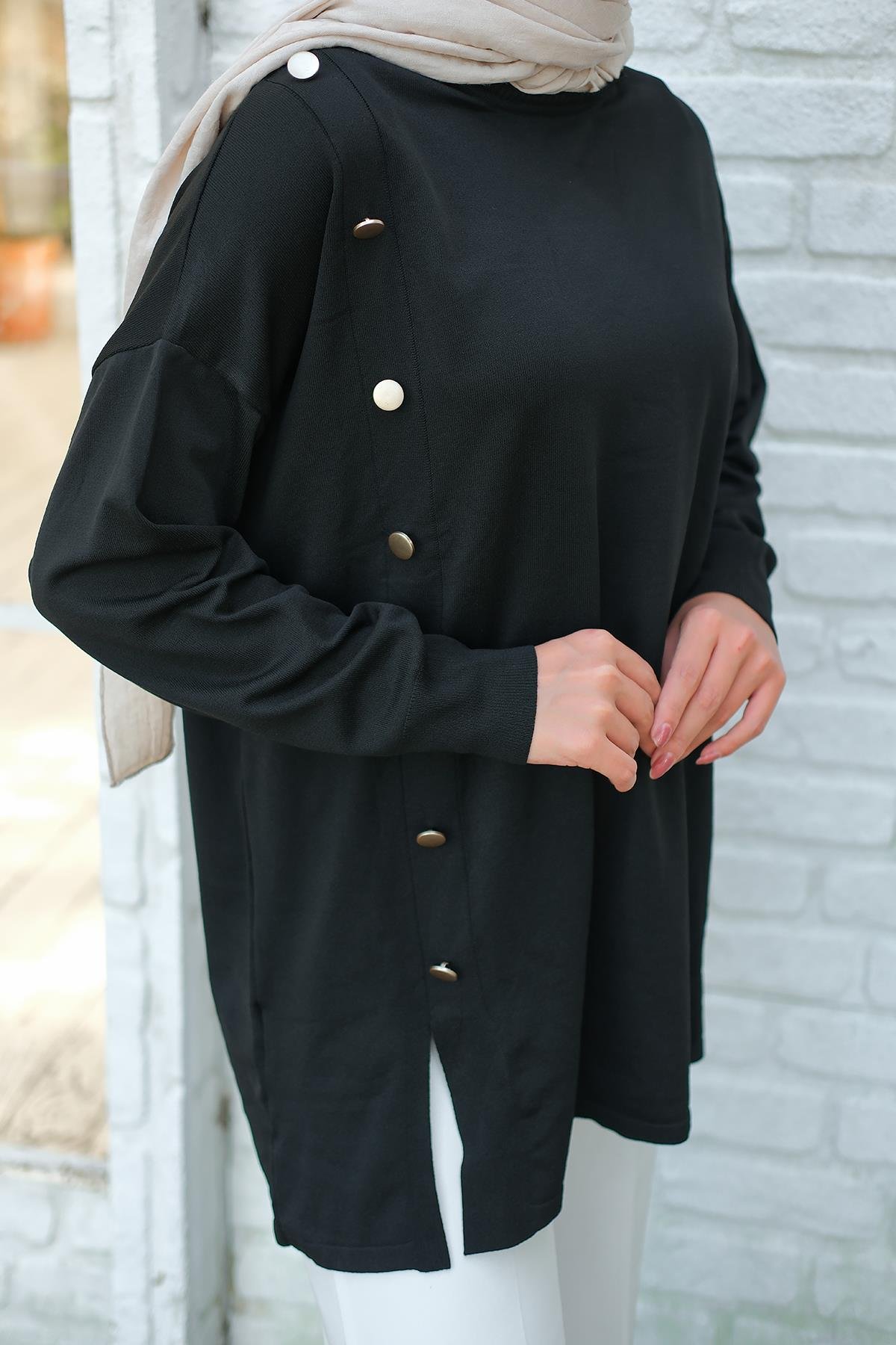 Ön Düğme Detay Tunik Siyah